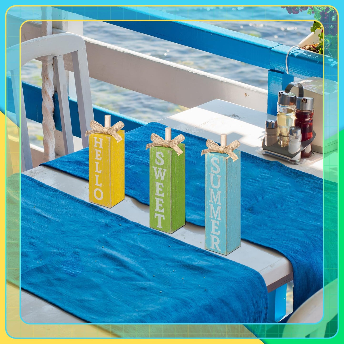 Seeloowy 3 Pcs Hello Sweet Summer Table Block Sign Hello Summer Tiered Tray Decor Rustic Farmhouse Wooden Tabletop Centerpieces for Home Kitchen Shelf Indoor Party Decorations