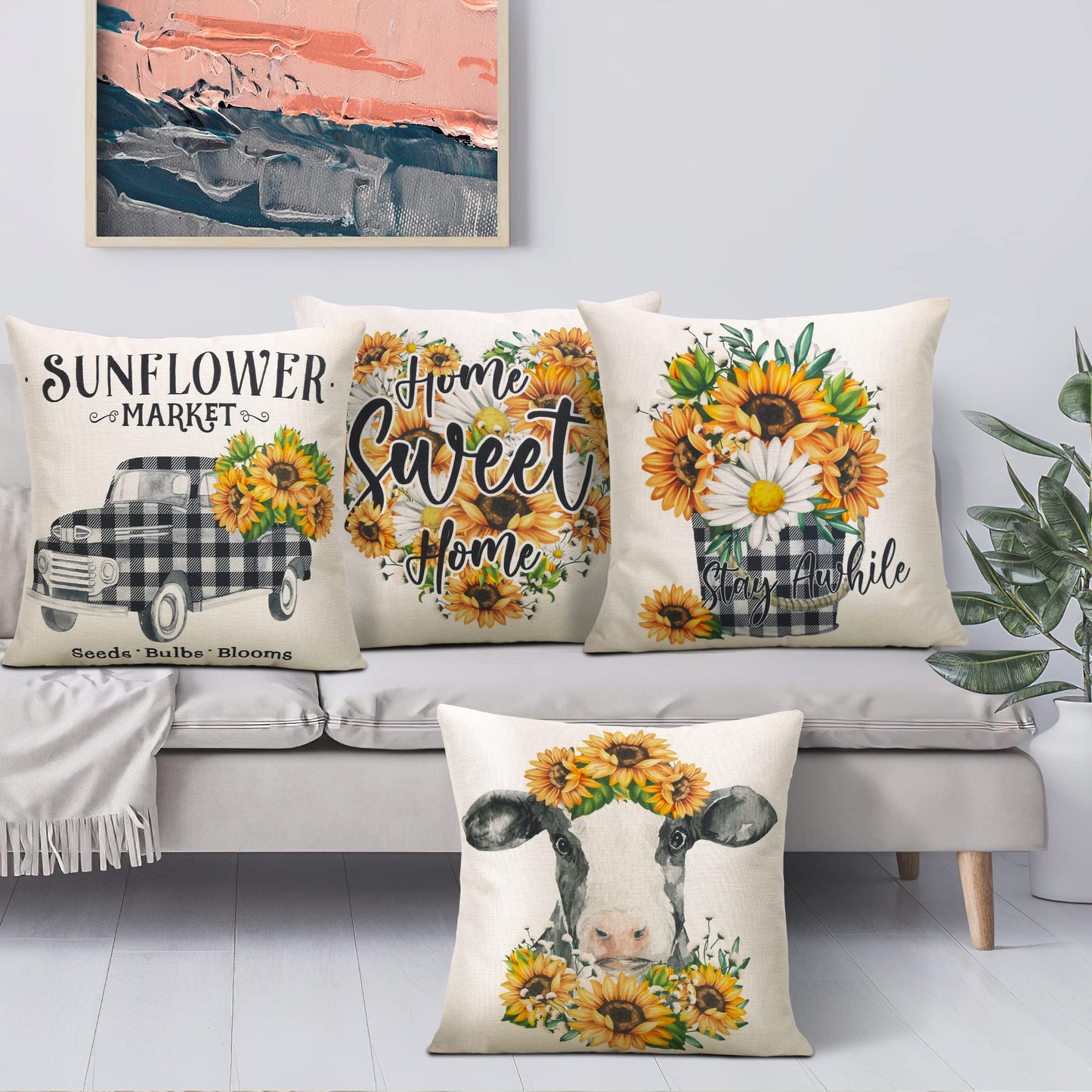 Hofomca Spring Summer Sunflower Throw Pillow Covers 18x18 Set of 4,Yellow Flowers Cushion Case Farmhouse Black and White Cow Buffalo Plaid Pattern Home Decorative for Couch Sofa Outdoor Living Room