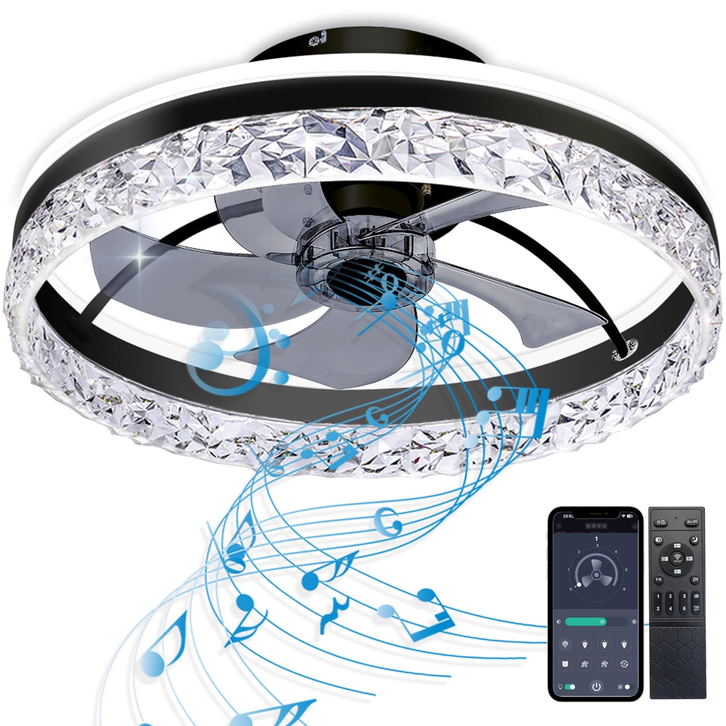 Baycnic Ceiling Fans,Low Profile Ceiling Fan with Light,Flush Mount Ceiling Fans,with Bluetooth Speaker, Modern Fandelier Ceiling Fan for Bedroom/Kitchen/Small Room,with APP/Remote Control,Black