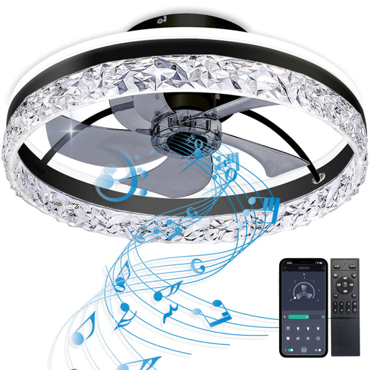 Baycnic Ceiling Fans,Low Profile Ceiling Fan with Light,Flush Mount Ceiling Fans,with Bluetooth Speaker, Modern Fandelier Ceiling Fan for Bedroom/Kitchen/Small Room,with APP/Remote Control,Black