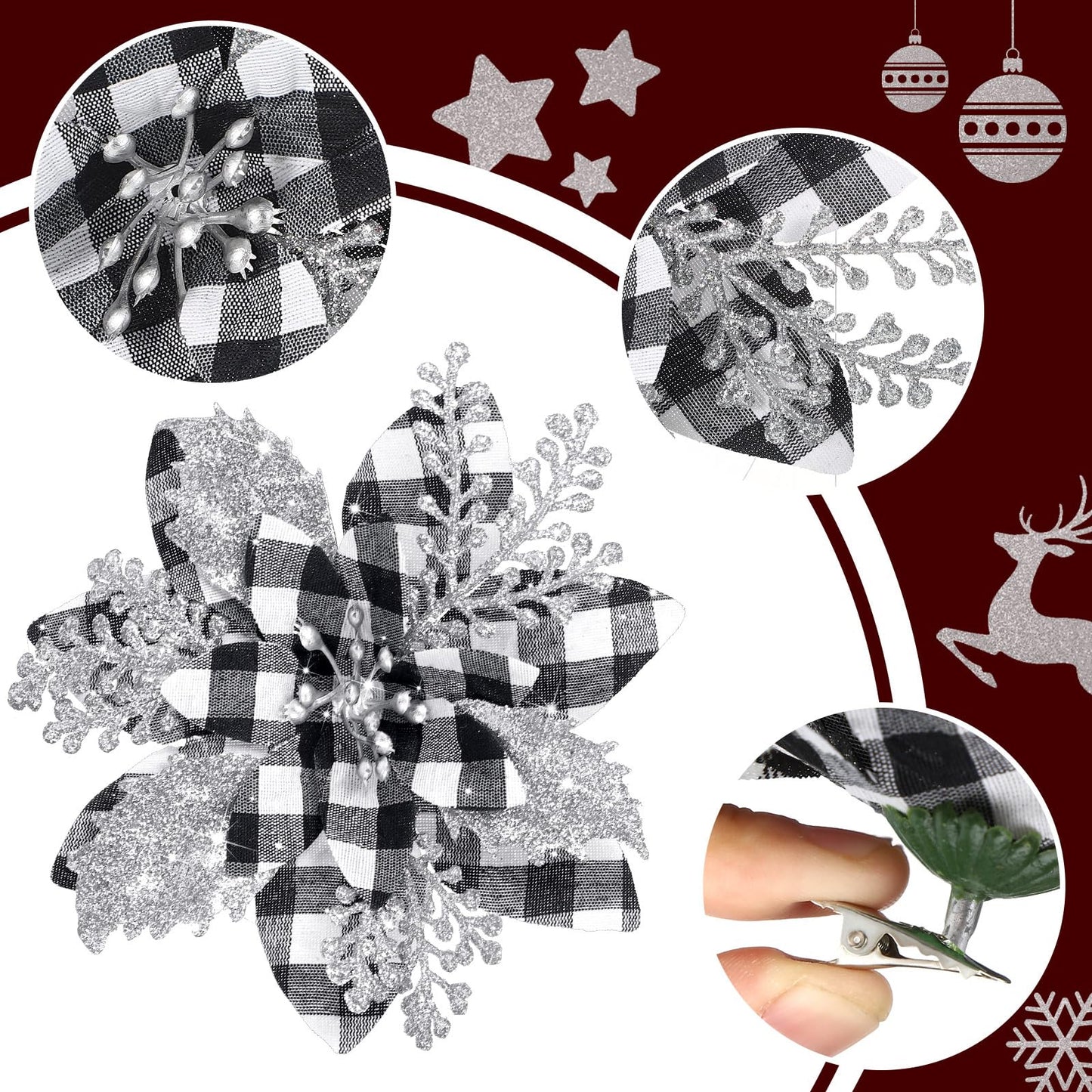 Canlierr 5.7 Inch Artificial Poinsettias Christmas Glitter Flowers with Clips Xmas Tree Flower Ornament Poinsettias Decor (Black and White Buffalo with Silver Petals,24 Pieces)