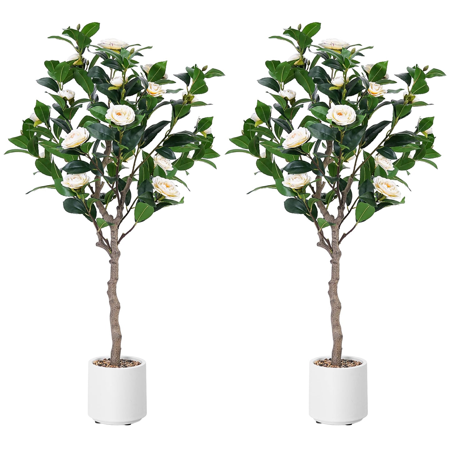 Jocoevol Artificial Camellia Tree 4ft, 2 Pack Indoor Fake Plant with Realistic Trunk, Leaves, Flowers and White Planter, Faux Potted Tree for Home Decor and Housewarming Gift