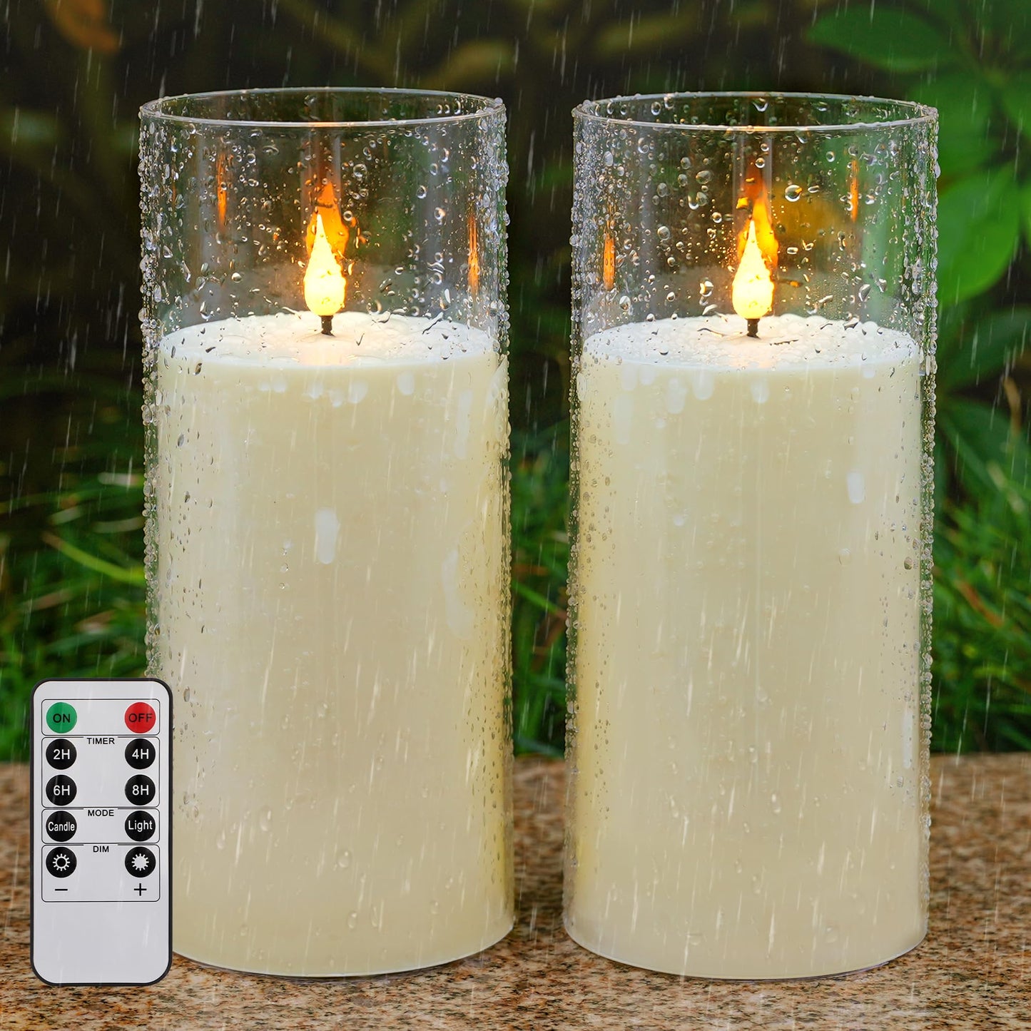yunsheng 4" x 9" Outdoor Waterproof Flameless Candles with Remote & Cycle Timer, 2PCS Battery Operated Pillar Candles with Removable Acrylic Shell, Large LED Flickering Candles for Patio Decor, Ivory