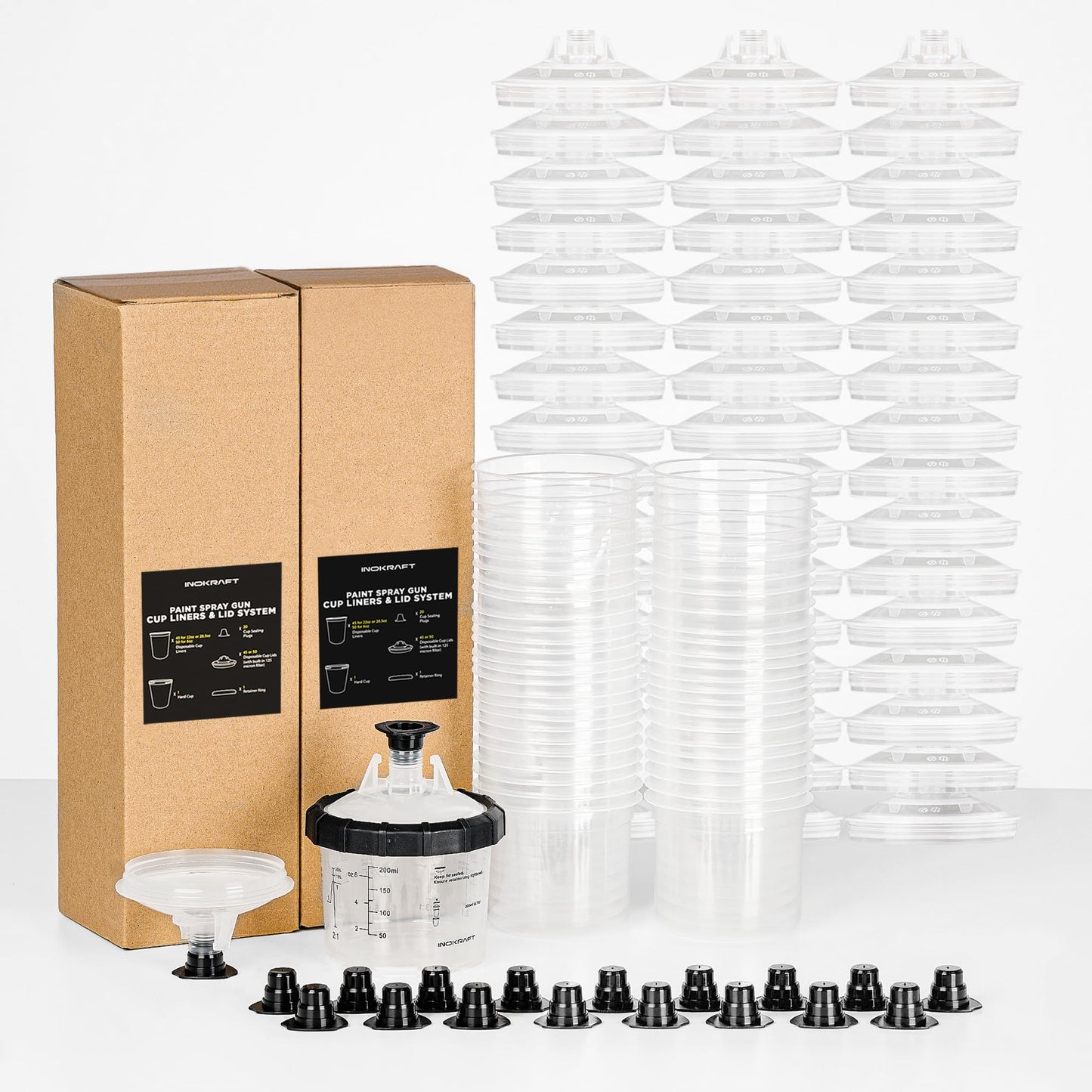 InoKraft Disposable Paint Spray Gun Cup, Paint System for HVLP and LVLP Paint Spray Paint Gun, Mini 6 Ounce (200ml) Kit with 50 Cups and Lids System, 1 Hard Cup with Retainer Ring and 20 Plugs