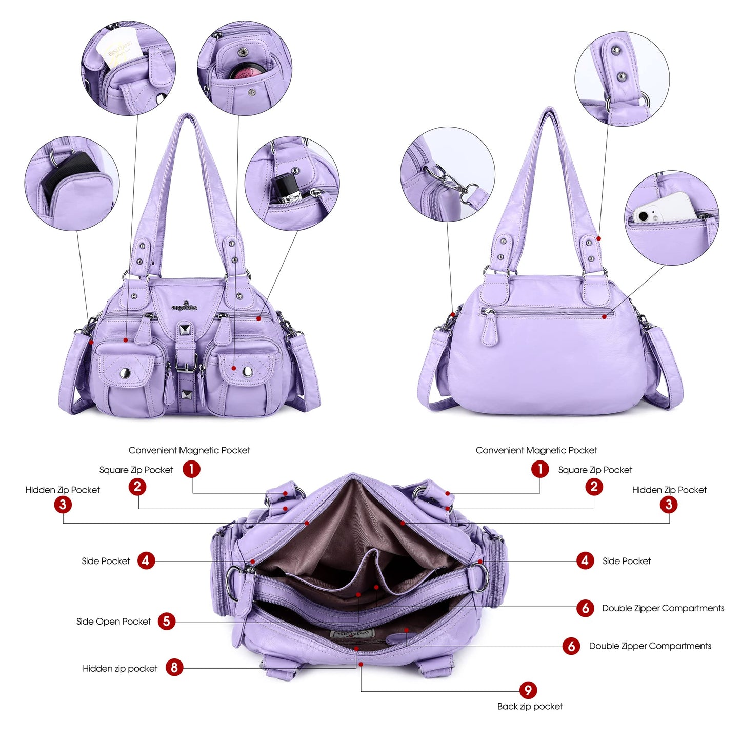 Angel Kiss Hobo Crossbody Purses for Women Shoulder Bag Multipocket Soft Hobo Purses Removable Strap Leather Handbags