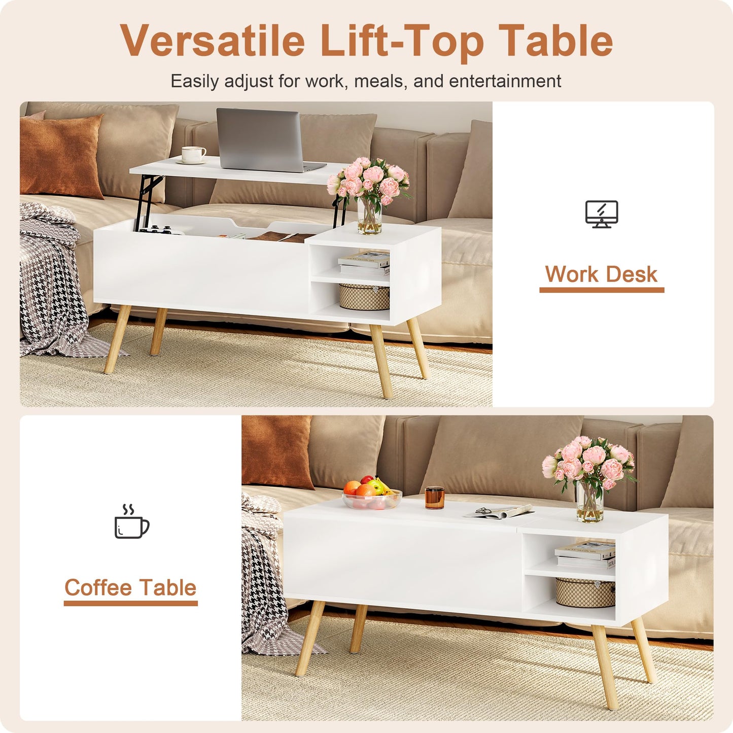 ALINE FURNITURE White Coffee Table Lift Top - Wood Coffee Table with Hidden Compartment Storage - 40" Pull Up Coffee Tables for Living Room