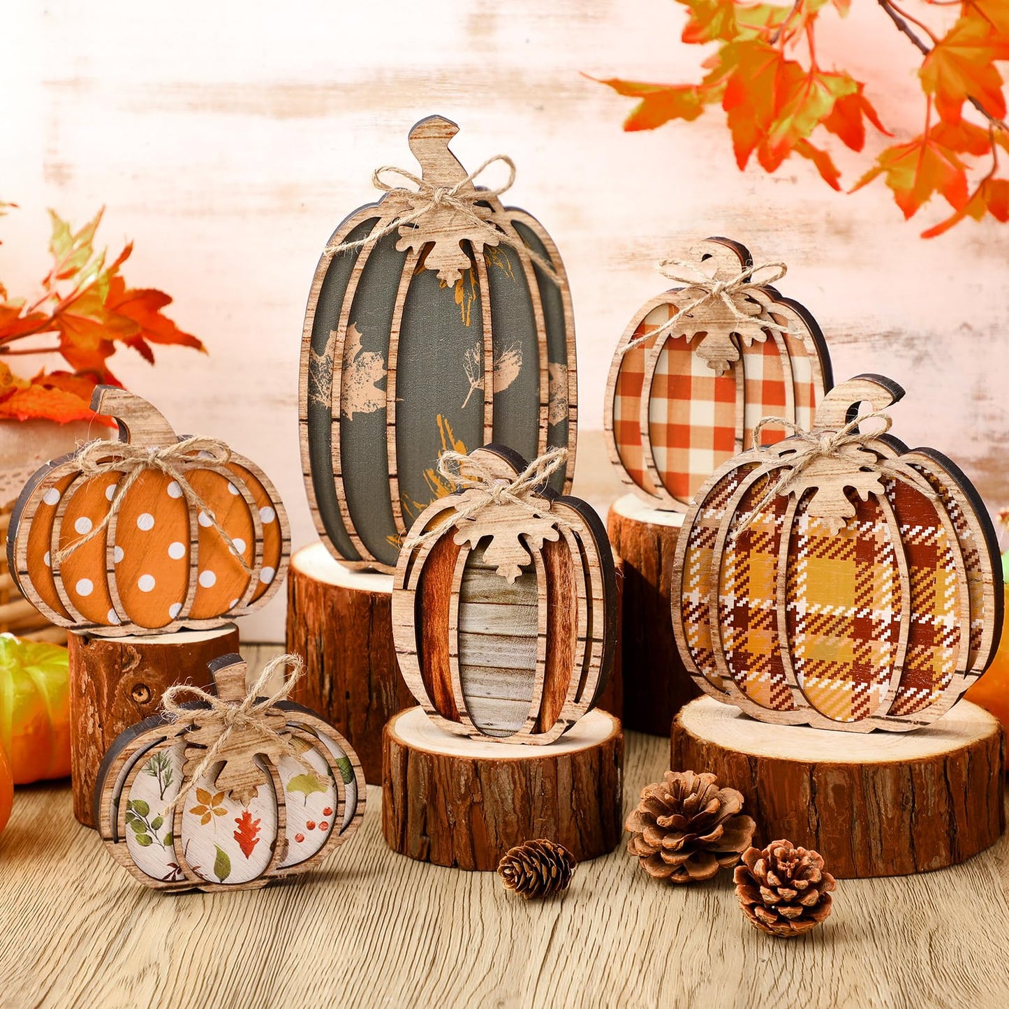 Leinuosen 6 Pcs Fall Pumpkin Decor Pumpkin Wooden Block Sign Fall Tiered Tray Decor for Home Autumn Table Centerpieces Decorations for Thanksgiving Harvest Table Mantel Shelf