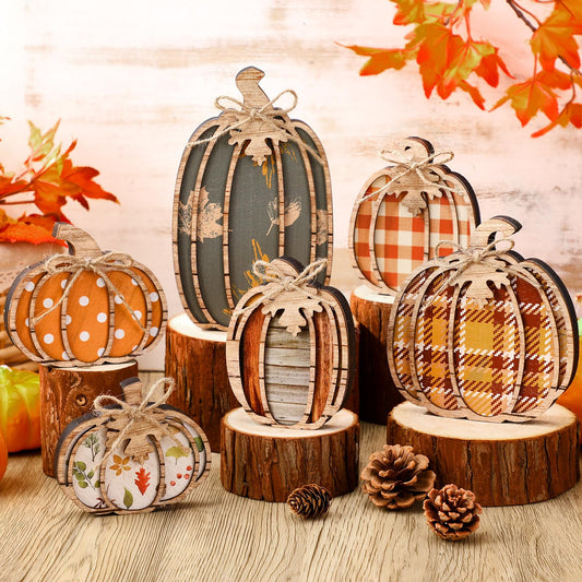 Leinuosen 6 Pcs Fall Pumpkin Decor Pumpkin Wooden Block Sign Fall Tiered Tray Decor for Home Autumn Table Centerpieces Decorations for Thanksgiving Harvest Table Mantel Shelf