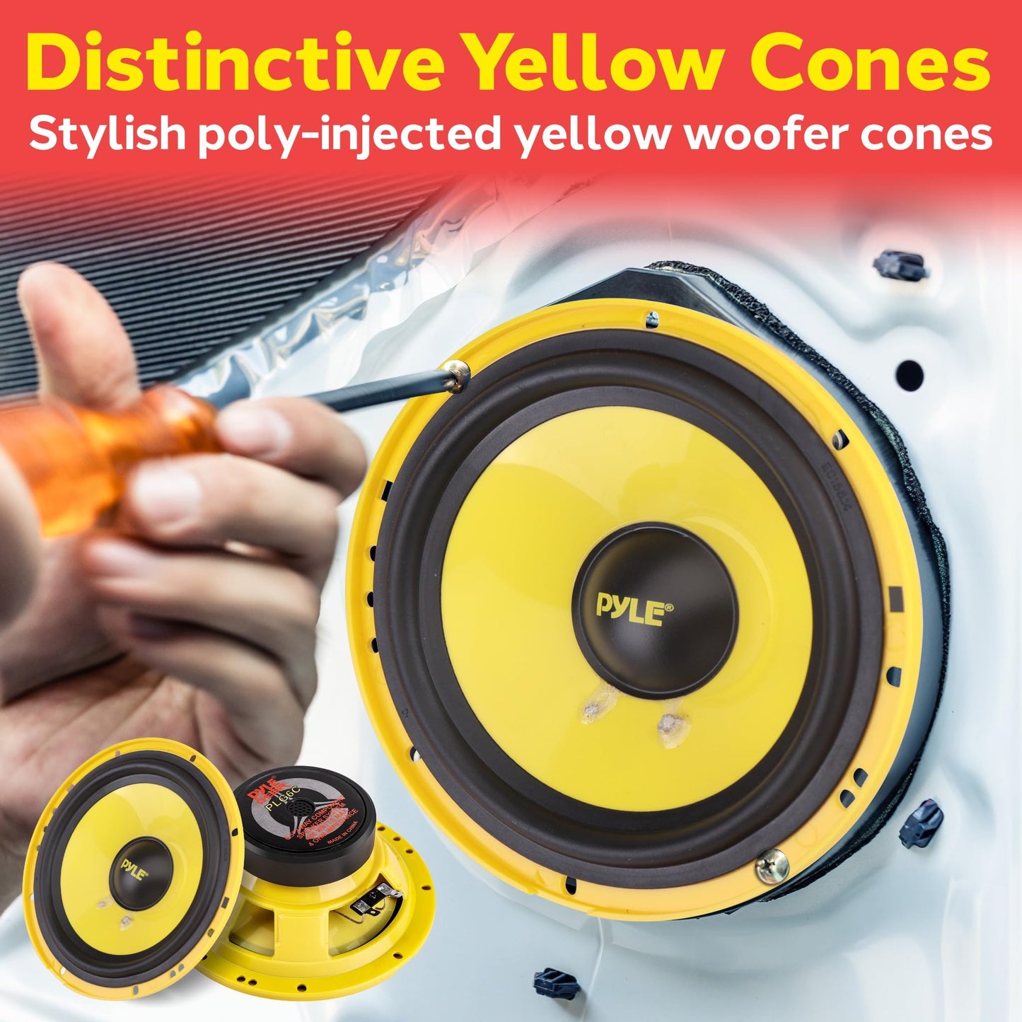 Pyle 2 Way Custom Component Speaker System - 6.5” 400 Watt, with Electroplated Plastic Basket, Butyl Rubber Surround & 40 Oz Magnet Structure - Wire Installation Hardware Set Included - PLG6C, Yellow