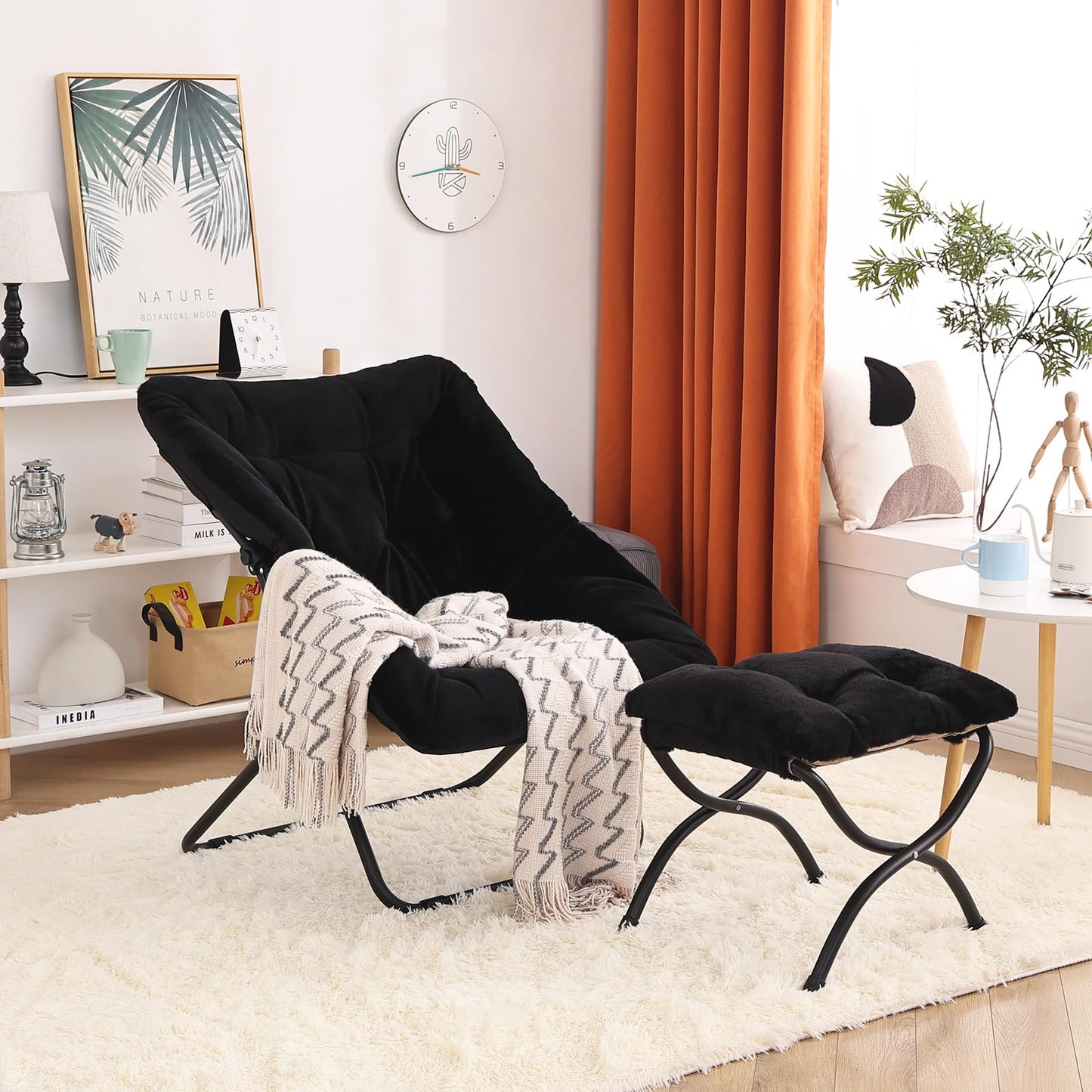 Furlide Oversized Folding Faux Fur Chair with Ottoman, X-Large Soft Saucer Chair, Foldable Metal Frame for Bedroom, Living Room, Balcony (Black)