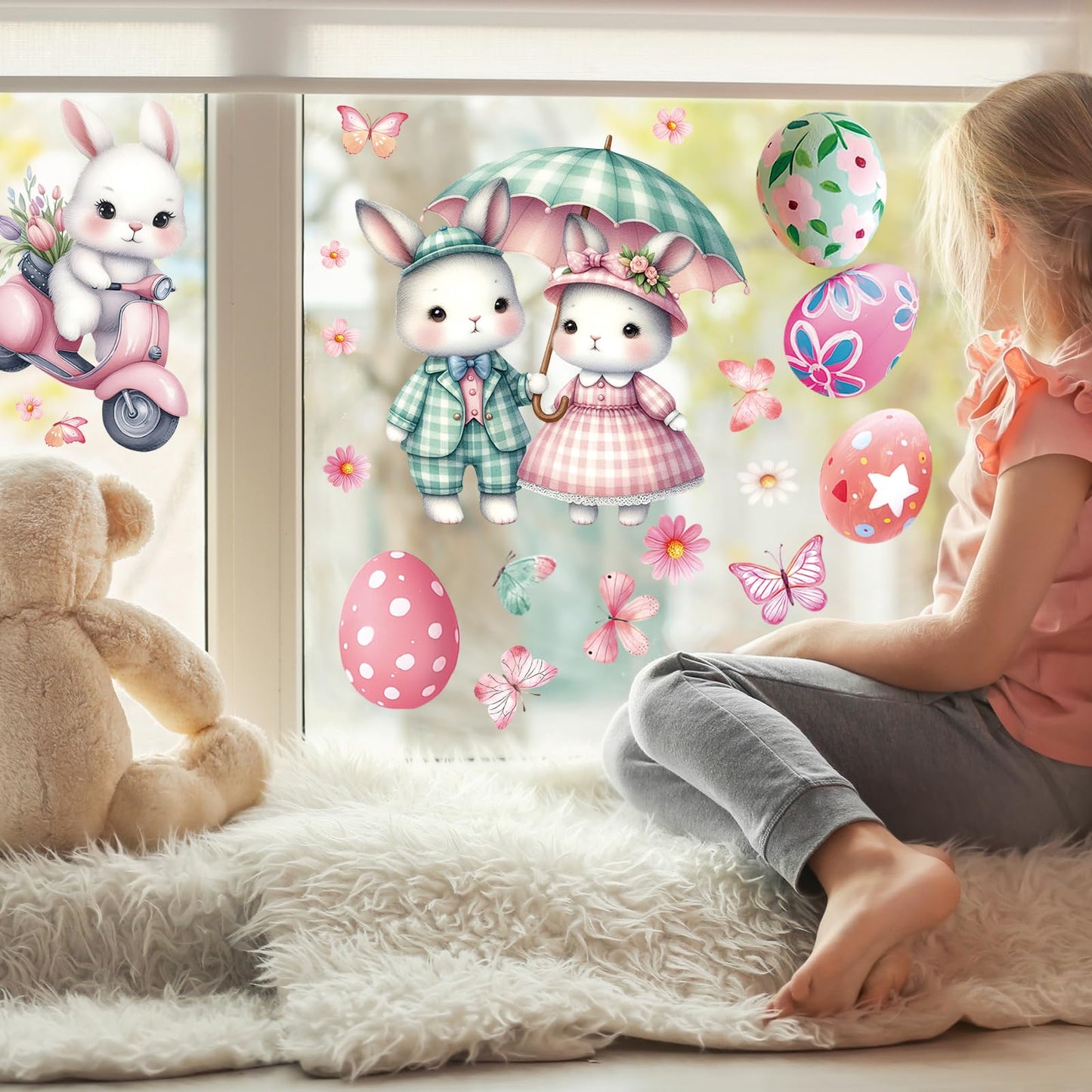 Easter Window Clings, 65 PCS Easter Stickers, Reusable Double-Sided Cute Large Bunny Egg Butterfly Lily Flowers Stickers for Home Office Glass Display Party Supplies, Party, Home, Office