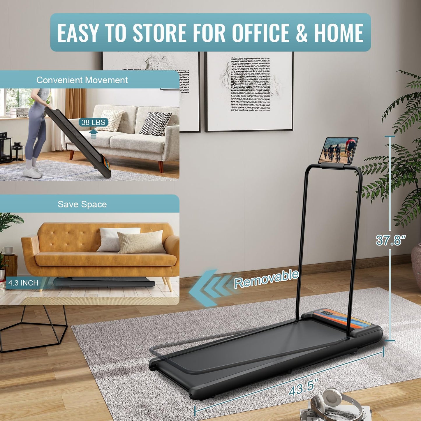 RIVANO Treadmill with Handles, Under Desk Treadmill with Remote Control LED Display, Electric Treadmills for Home Small, 2.5HP Walking Pad Treadmills with Handle Bar, 270LBS Capacity, Orange