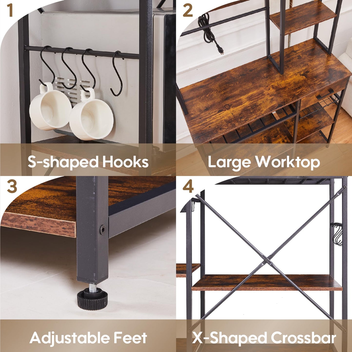 Large Bakers Rack with Power Outlets, 37.1 Kitchen Bakers Rack with Storage, 5-Tier Microwave Stand Kitchen Storage Rack with 9 S-Shaped Hooks and Wire Basket