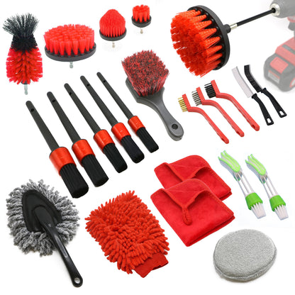 35Pcs Car Detailing Kit, Drill Brush Attachments with Detailing Brush Set and Tools Box, Red Auto Cleaning Kit Interior for Wheels, Dashboard, Windows (B：35PCS-R)