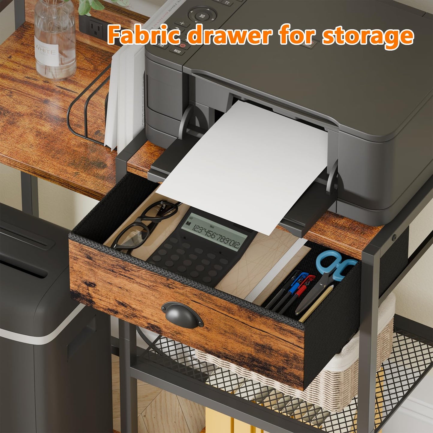 Furologee Printer Stand with Storage Drawer,Printer Table with Charging Station and USB Port,Industrial 3 Tier Shelf, Shredder Stand with Wheels,for Home Office,Rustic Brown