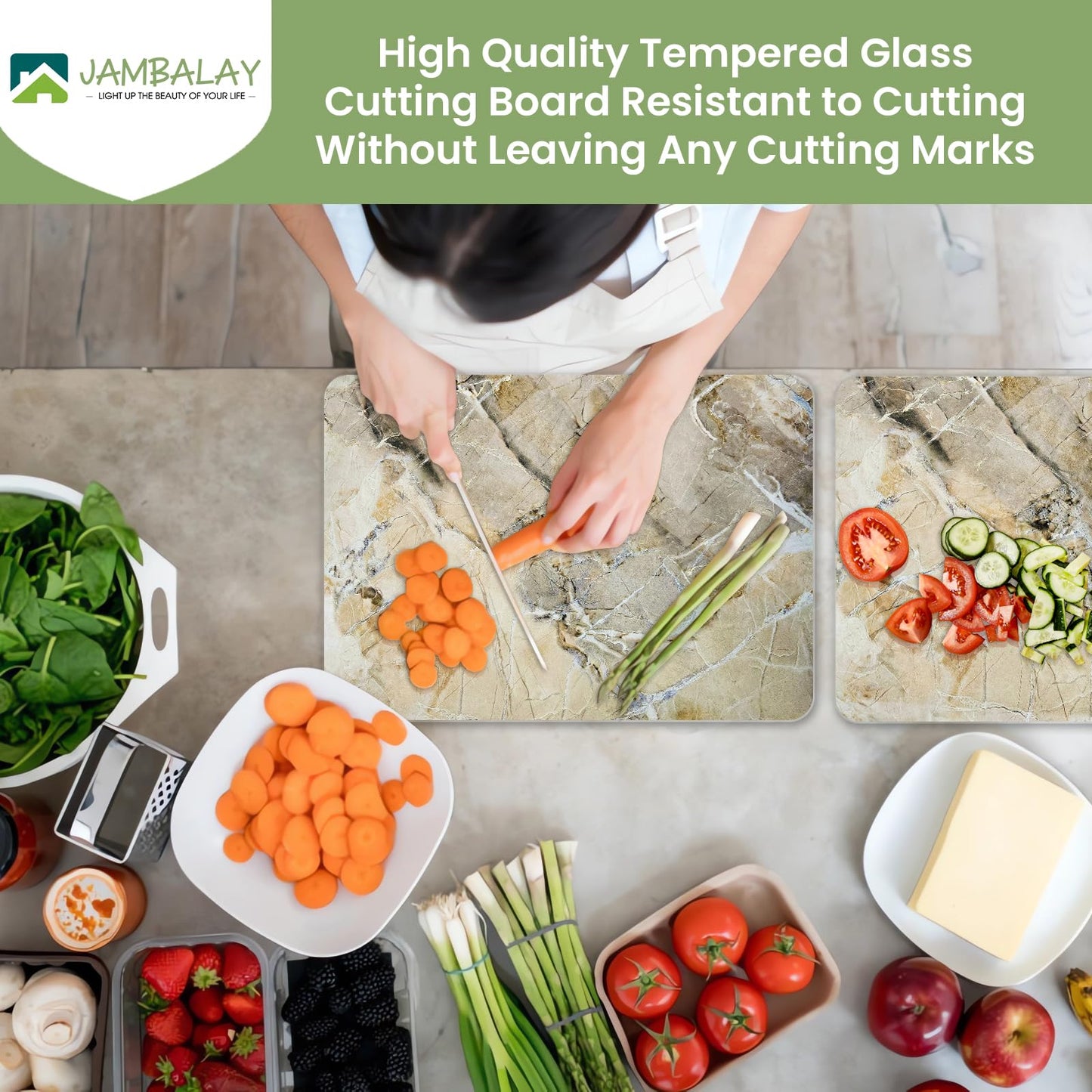 JAMBALAY Tempered Glass Cutting Board for Kitchen, 16"x12" Glass Cutting Board with Design, Chopping Board with Rubber Non Slip Feet, Heat, Shatter Resistant, Dishwasher Safe, WarmBrown