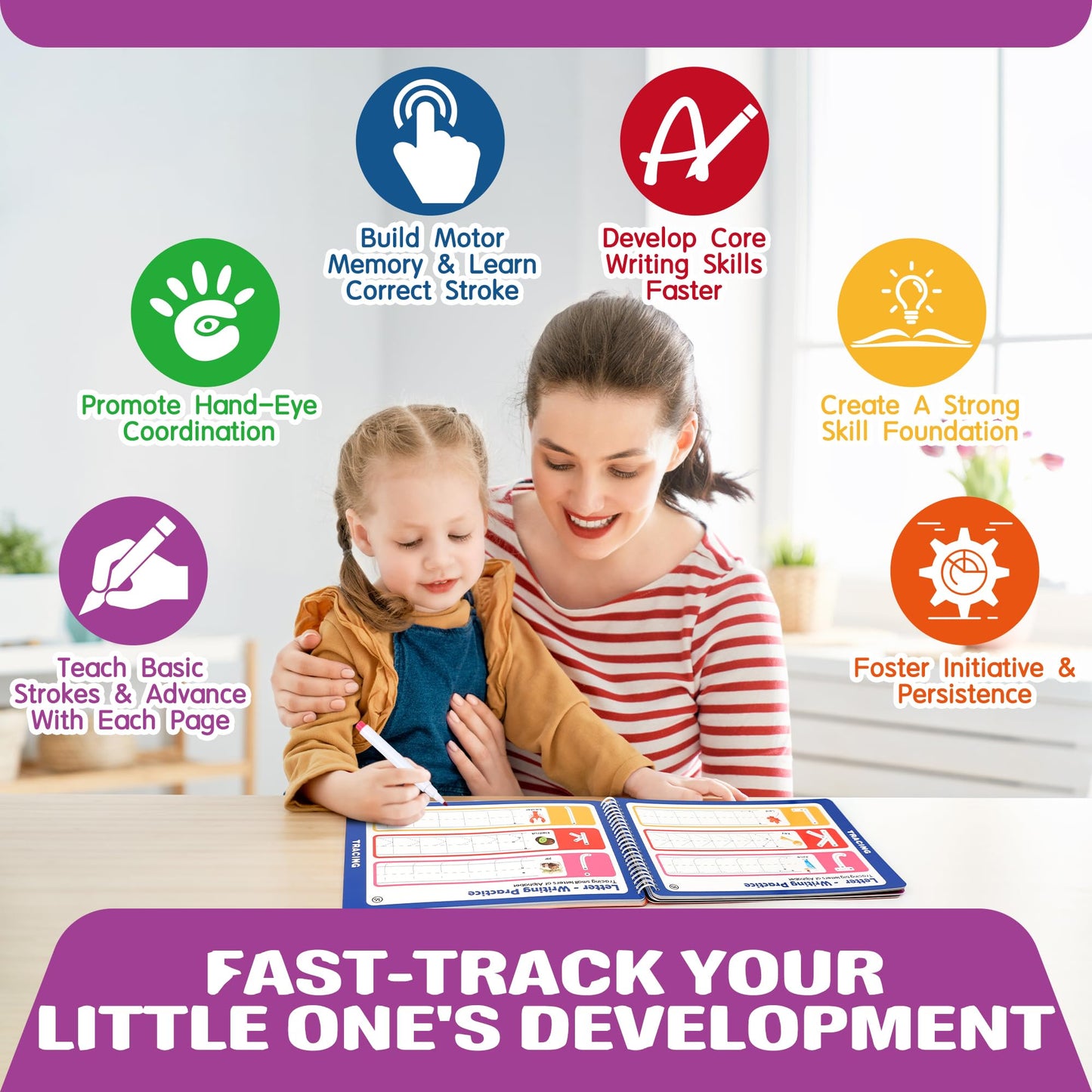 iHarPro Preschool Learning Activities - 52 Pages Handwriting Practice Tracing Books for Kids, Montessori Toys Kindergarten Educational Workbooks Age 3-6, with 12 Dry Erase Markers