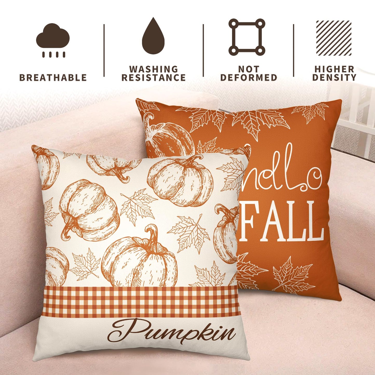 Wnoesat Hello Fall Pumpkin Pillow Covers 18x18 Set of 2 Autumn Maple Leaves Burnt Orange Outdoor Throw Pillows Case Farmhouse Thanksgiving Decorative Cushion Covers for Home Couch Sofa