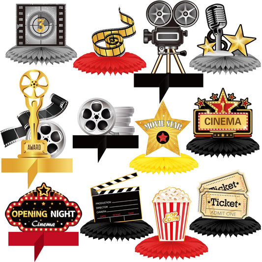 Chinco 12 Pieces Movie Night Party Supplies Decorations Movie Theater Honeycomb Centerpiece 3D Microphone Ticket Star Video Paper Centerpiece Sign Table Decoration for Theater Birthday Party Favors