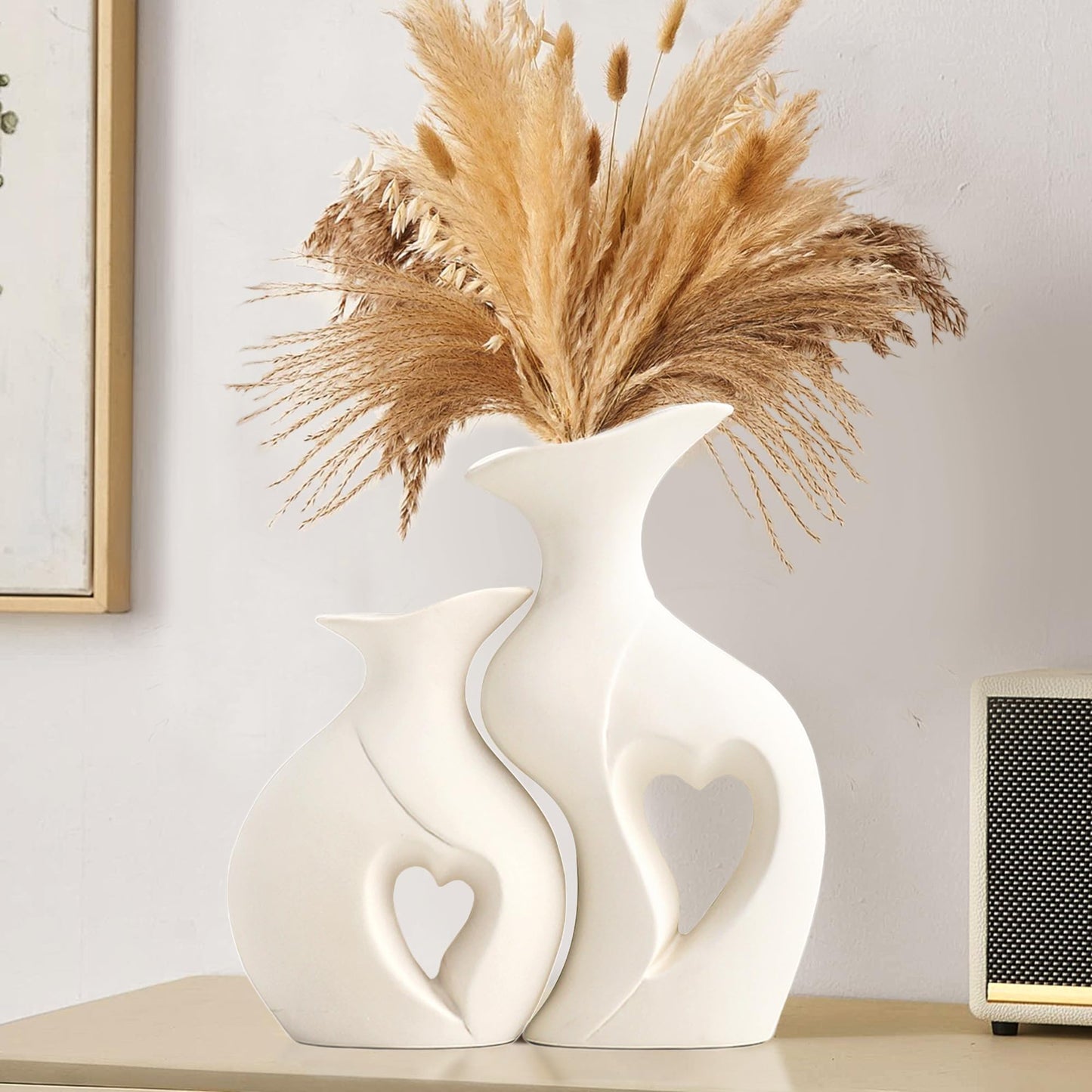 Black and White Vase Heart Shape Ceramic Vase Set of 2,Modern Boho Hollow Flower Vases,Nordic Aesthetic Decor,Decorative Vases for Room,Home Book Shelf,Fireplace,Table Decor