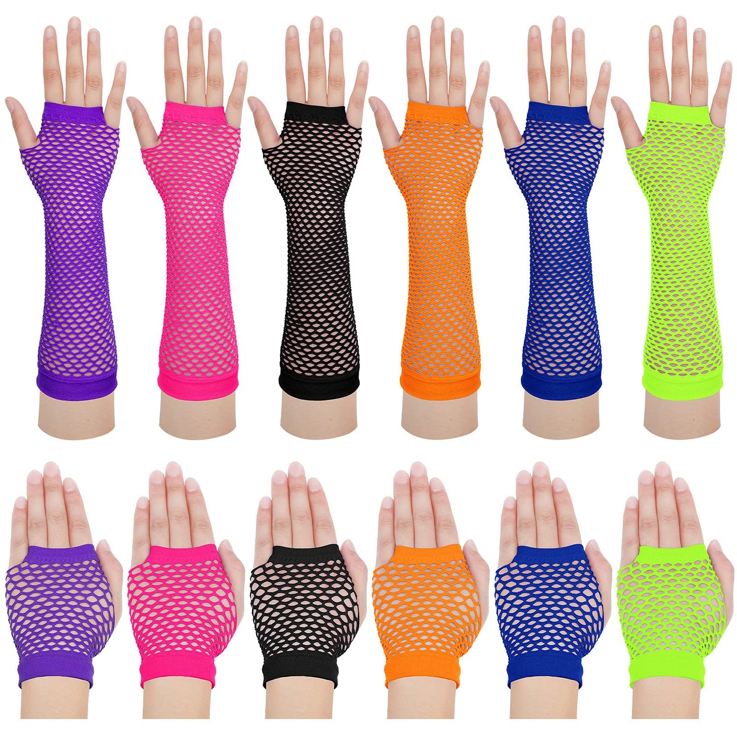 SATINIOR 12 Pairs 80s 90s Fishnet Mesh Glove for Women Neon Fingerless Long Short Gloves for Halloween Party Cosplay Costume
