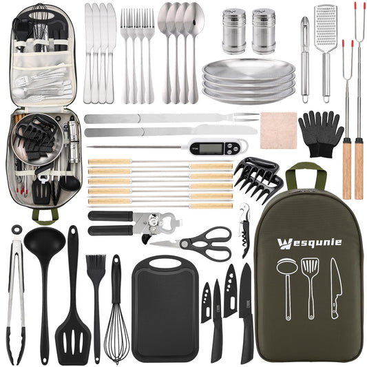 Camping Essentials Cookware Cooking Utensils Set - Portable Camp Kitchen Mess Kit Outdoor Accessories, Stainless Steel & Silicone, Camping Gear Equipment for RV Picnic Grill