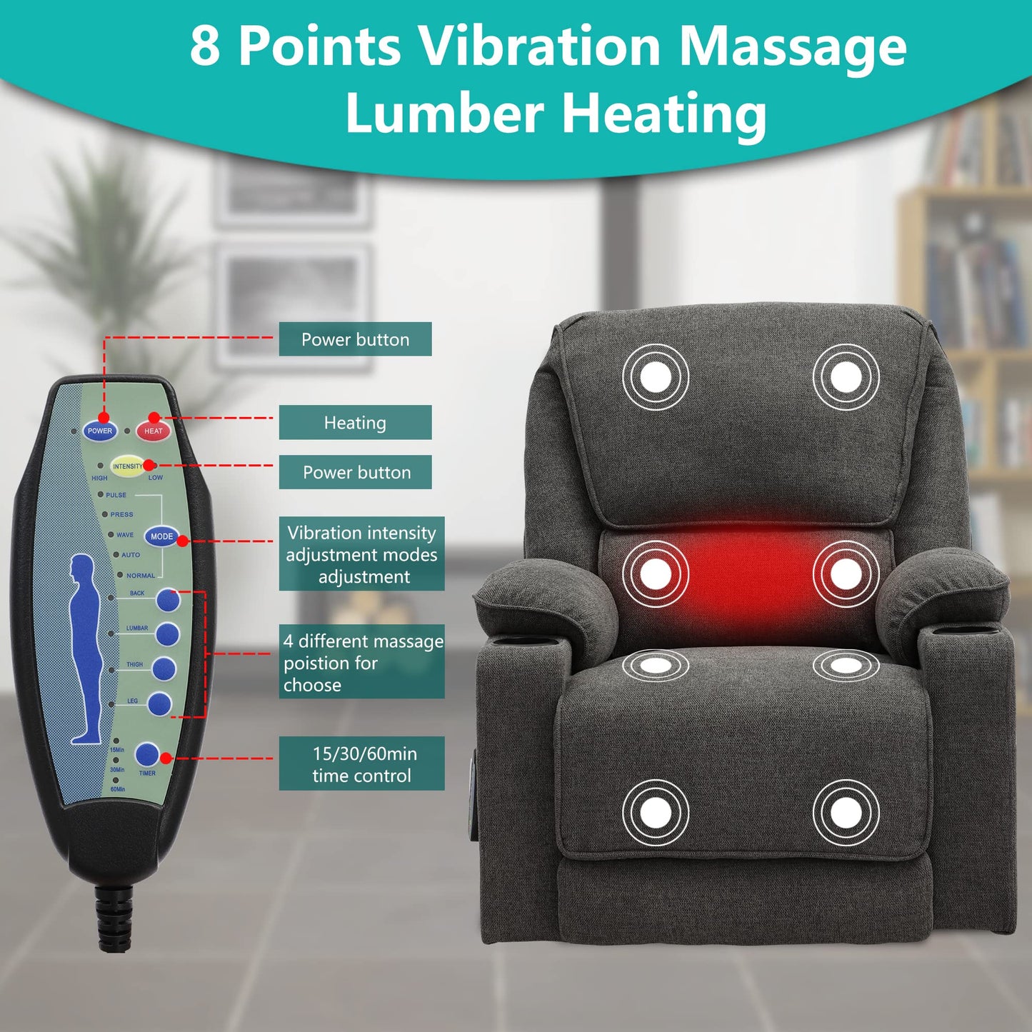 KIGOTY Power Lift Recliner Chair with Massage and Heat for Elderly, Recliner Chairs for Adults, Recliner Massage Chair with Remote Controls,Cup Holders, USB Port (Dark Grey, 33" Wide)