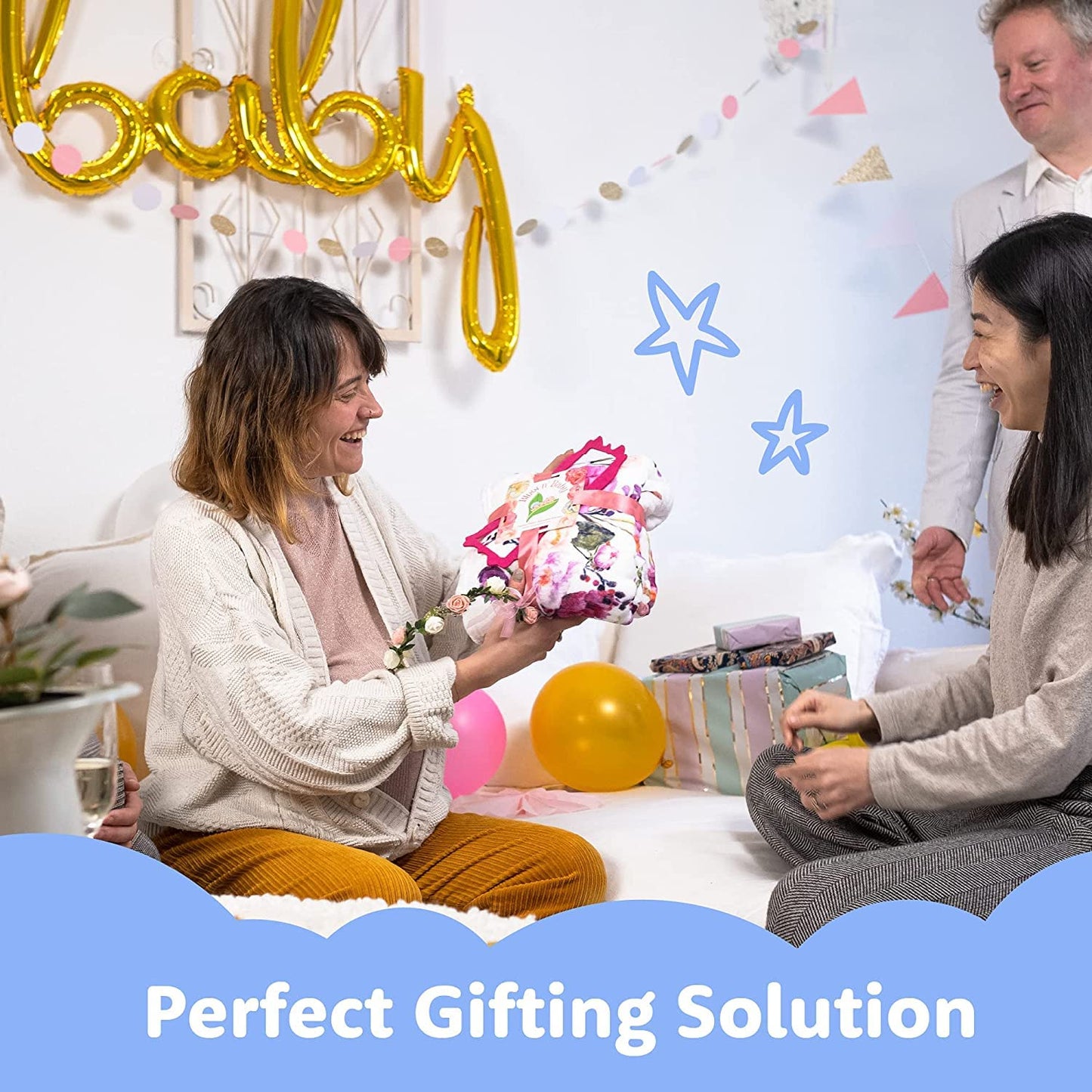 Bliss n' Baby Monthly Milestone Blanket for Baby Girl - 60"x40" - Wrinkle Free Baby Age Month Blanket with Growth Chart - Washable & Dryable - w/Wreath & Headband - Floral Theme