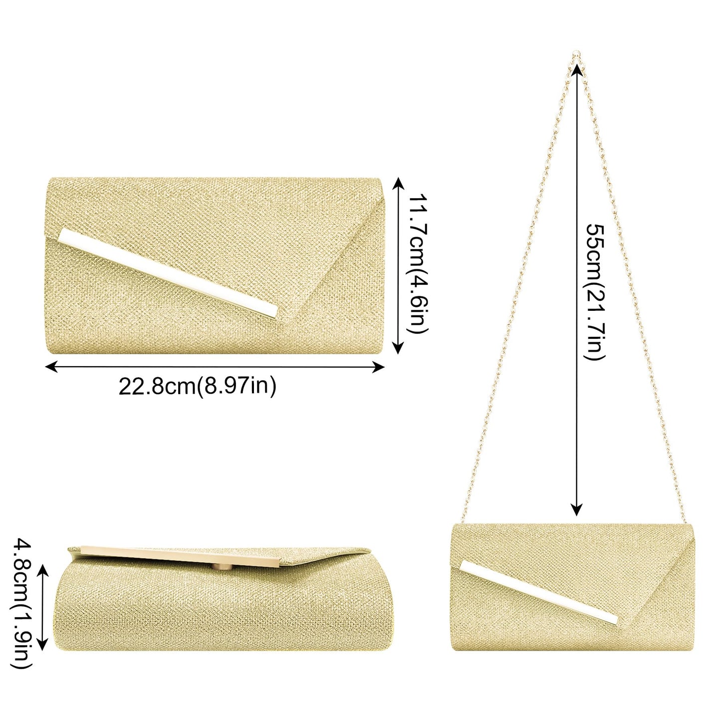 Larcenciel Glitter Evening Bag, Gold Envelope Clutch Purses for Women, Formal Ladies Sequin Handbag Crossbody Shoulder Wallet Perfect for Wedding, Guest Party, Prom, Cocktail, Date Night,9×4.7×2in