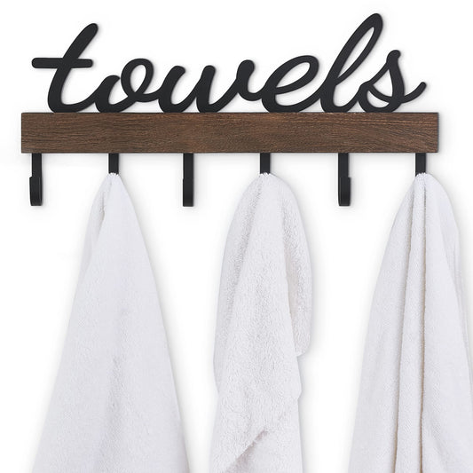 Dahey Towel Rack with 6 Hooks, Towel Holder Wall Mount Bathroom Organizer Rustic Farmhouse Home Decor Hanger Storage Hooks for Towel, Robe, Bag, Black