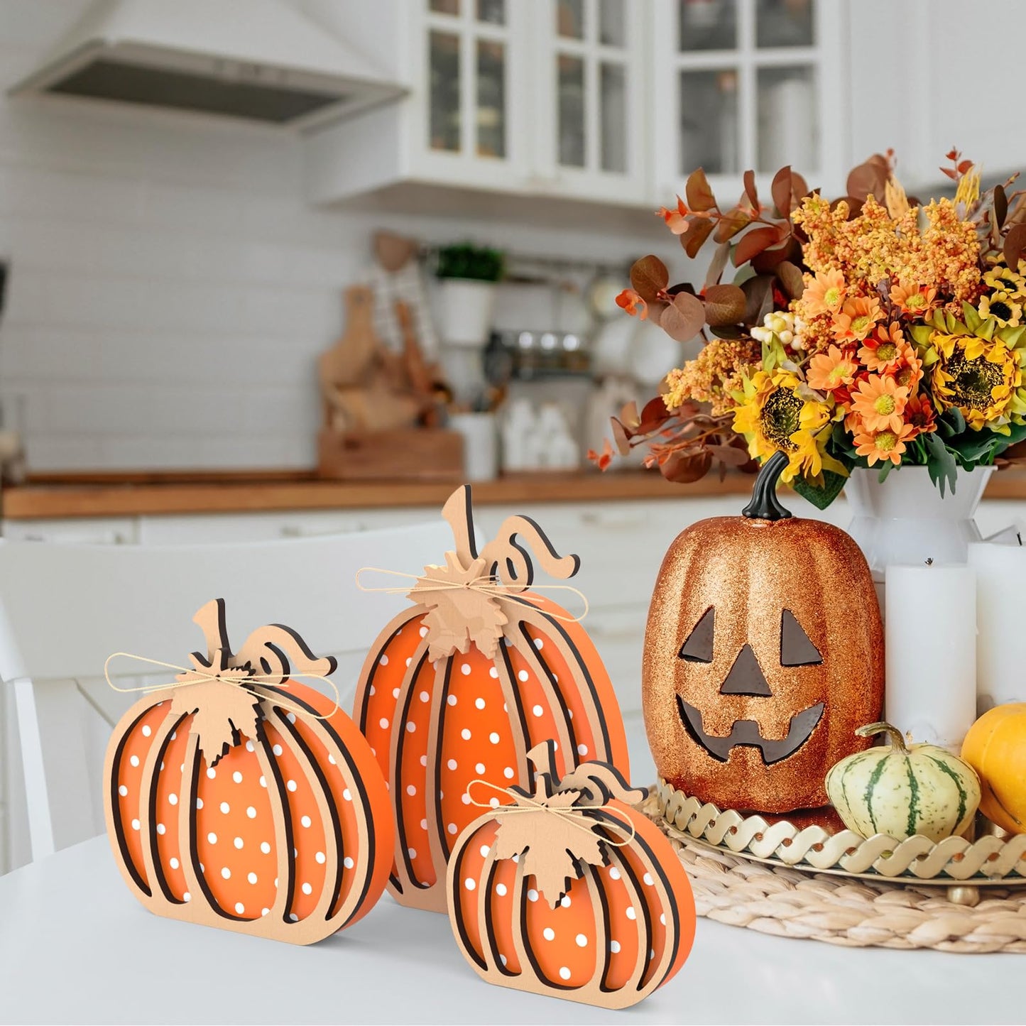 OLANRUN Fall Decorations for Home - 3 Pcs Wooden Fall Pumpkin Decor, Autumn Thanksgiving Decorations for Table Tiered Tray Shelf Fireplace Mantel Bathroom Office Desk Coffee Bar