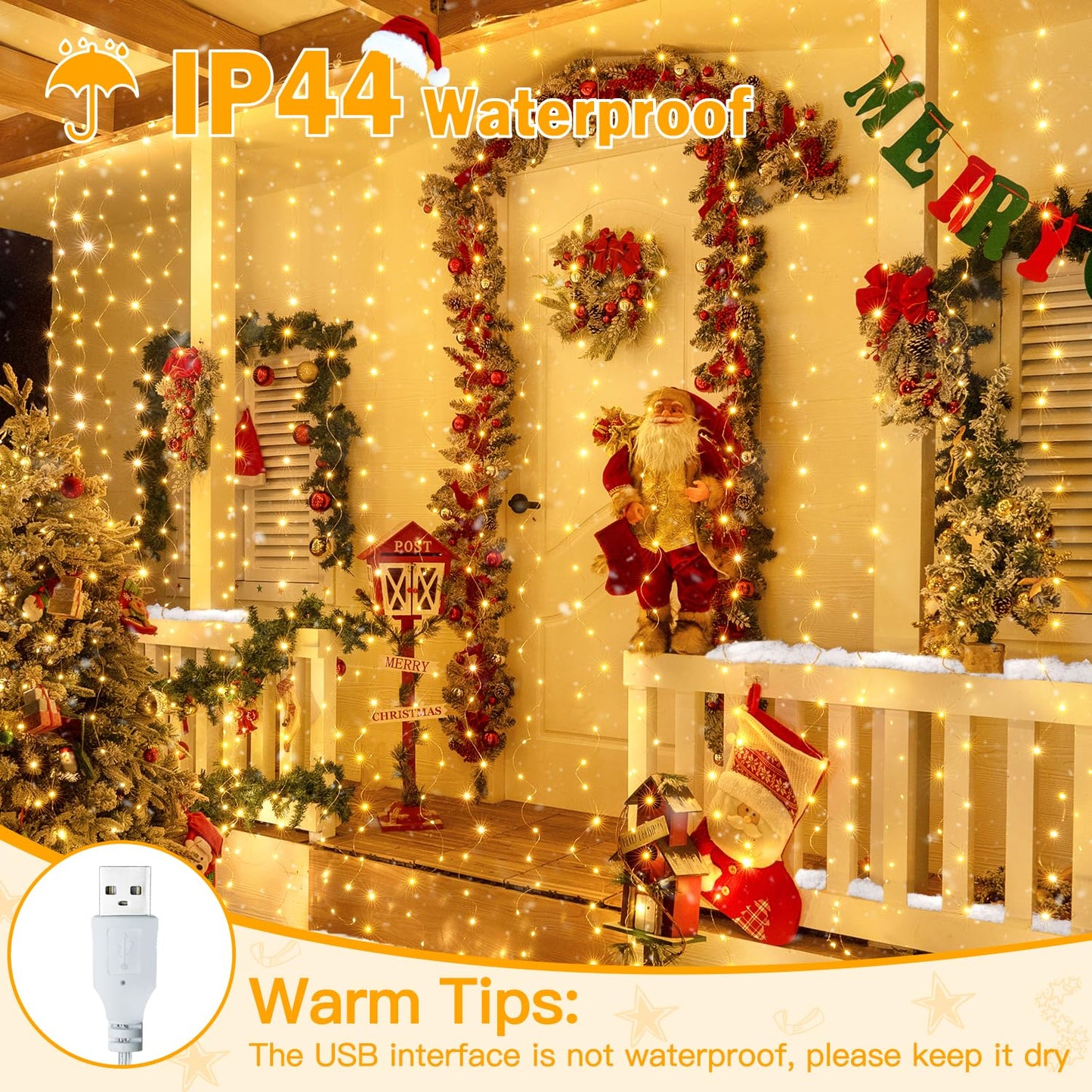 Ollny Silver Copper Wire Fairy Lights Curtain 200 LED 6.6x6.6ft, USB Warm White Curtain Lights with Hook, Waterproof Window Light for Bedroom Backdrop Wall Outdoor Indoor Decorations