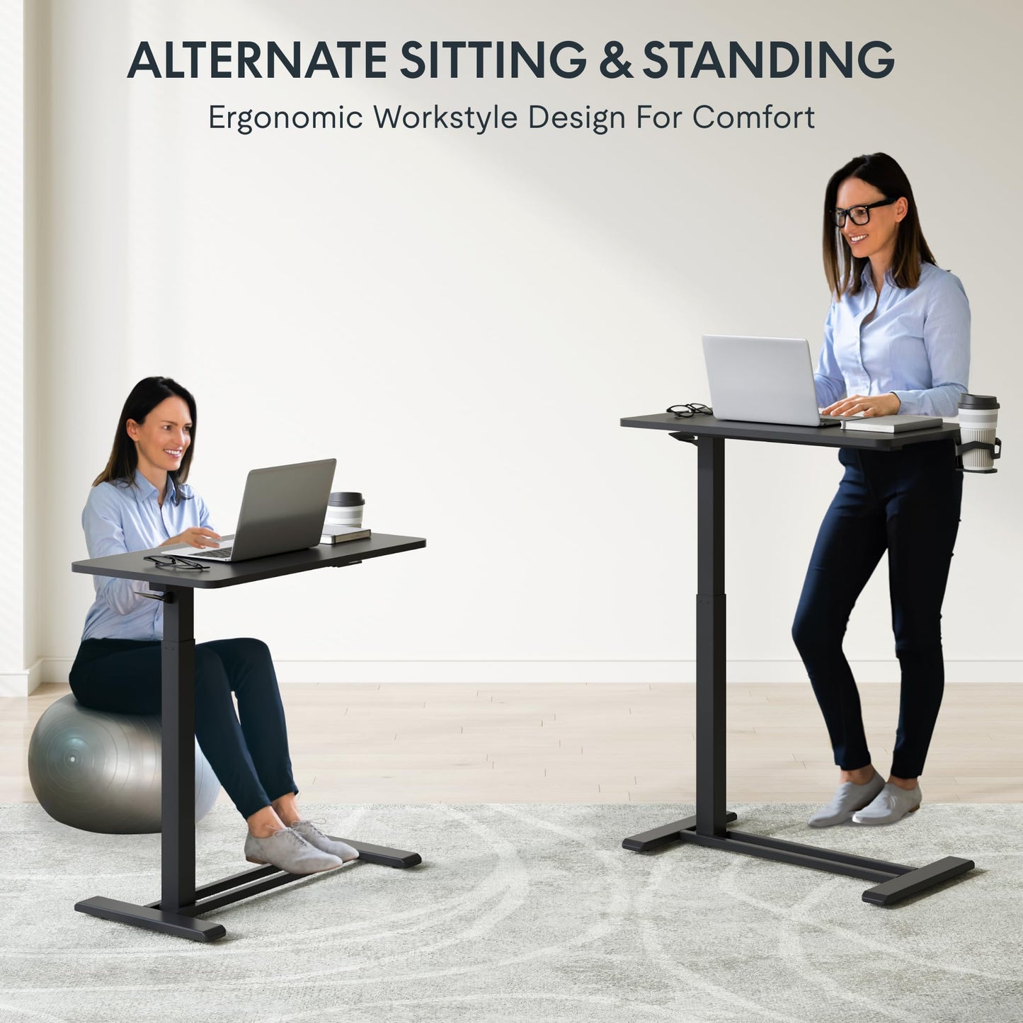 FLEXISPOT H7 Adjustable Overbed Bedside Table with Wheels Pneumatic Mobile Standing Desk Laptop Desk Rolling Computer Cart Movable Overbed Tables Hospital Home Use(27.6" W x 15.7" D, Black Table)