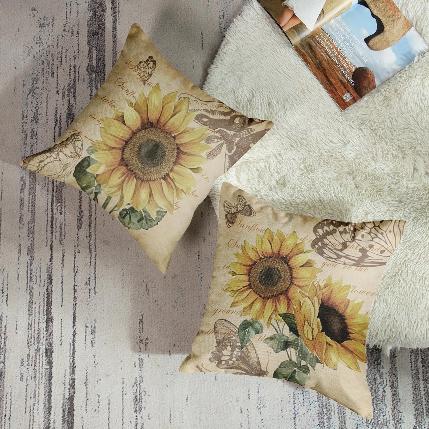 Sanwarm Throw Pillow Covers Home Decor Set of 4 Floral Sunflower Yellow Flower Green Pillow Cases Decorative 18 x 18 Inches Outdoor Cushion Couch Sofa Pillowcases