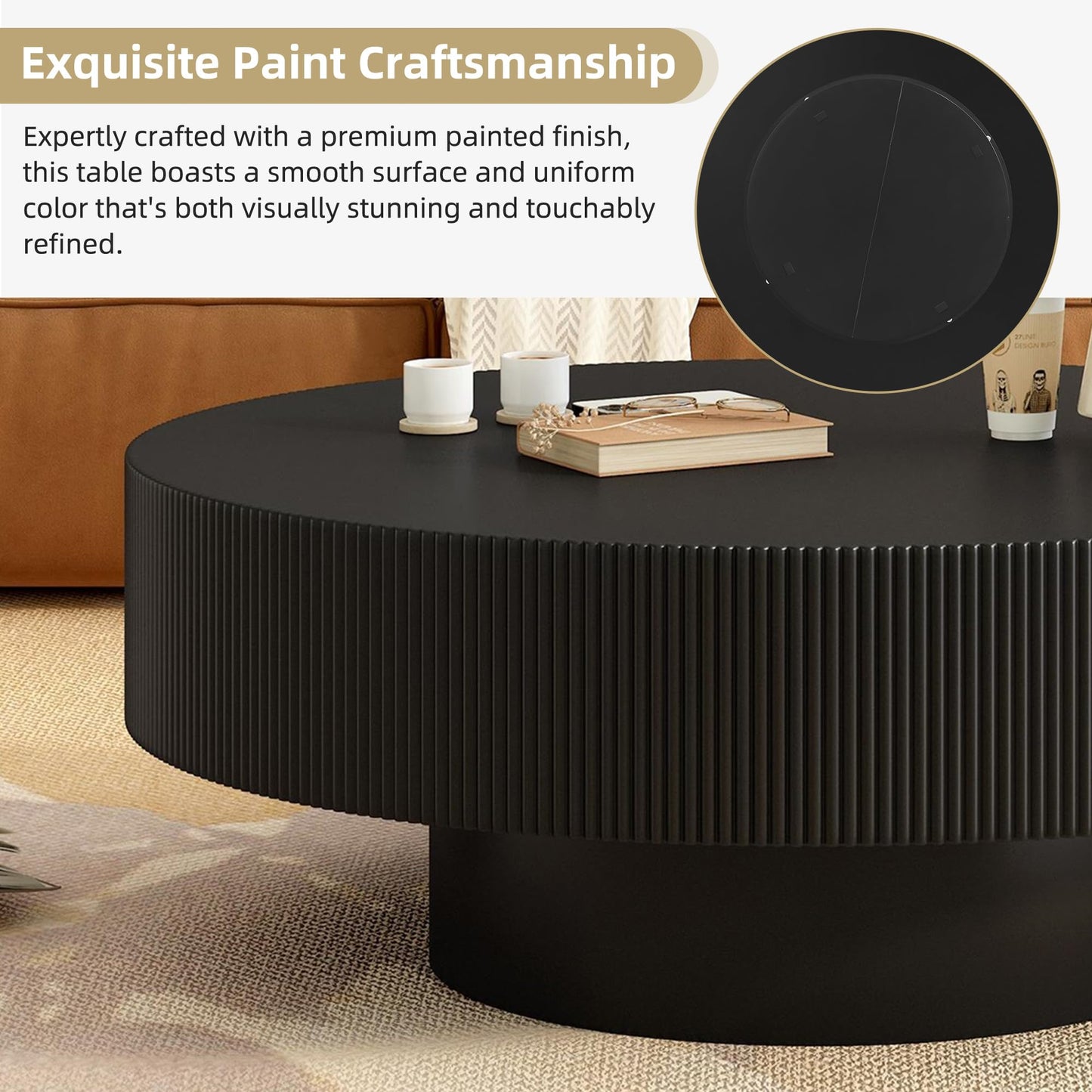 Merax Modern Round Coffee Table with Sturdy Base, Wood Center Tables for Living Room Reception Room, Easy Assemble, Black