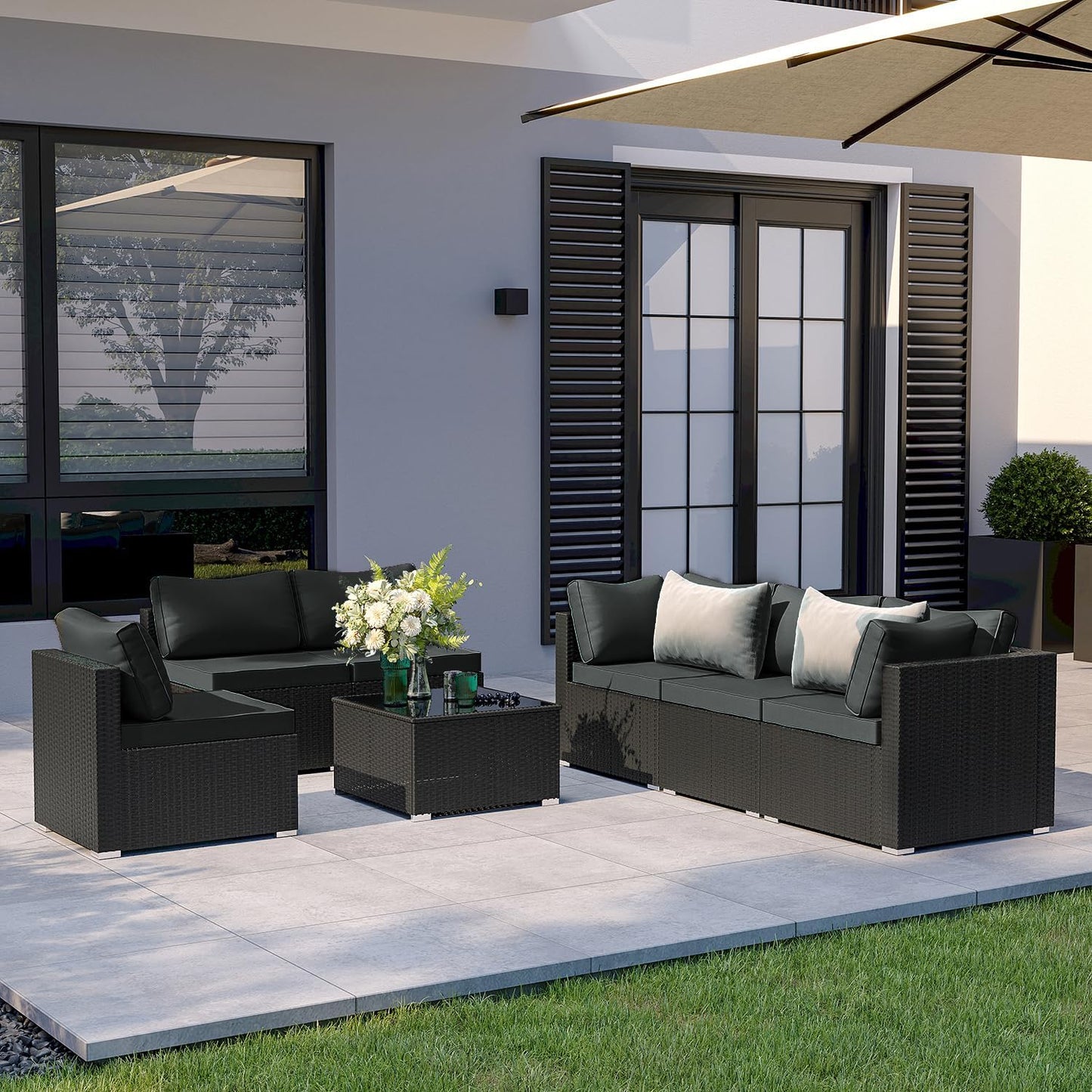 ELEGIBLISS 7 Pcs Patio Sectional Sofa - Outdoor Conversation Set PE Wicker Rattan Furniture with Coffee Table Patio Furniture for Porch Poolside Backyard Garden Modular Sofa Black Rattan