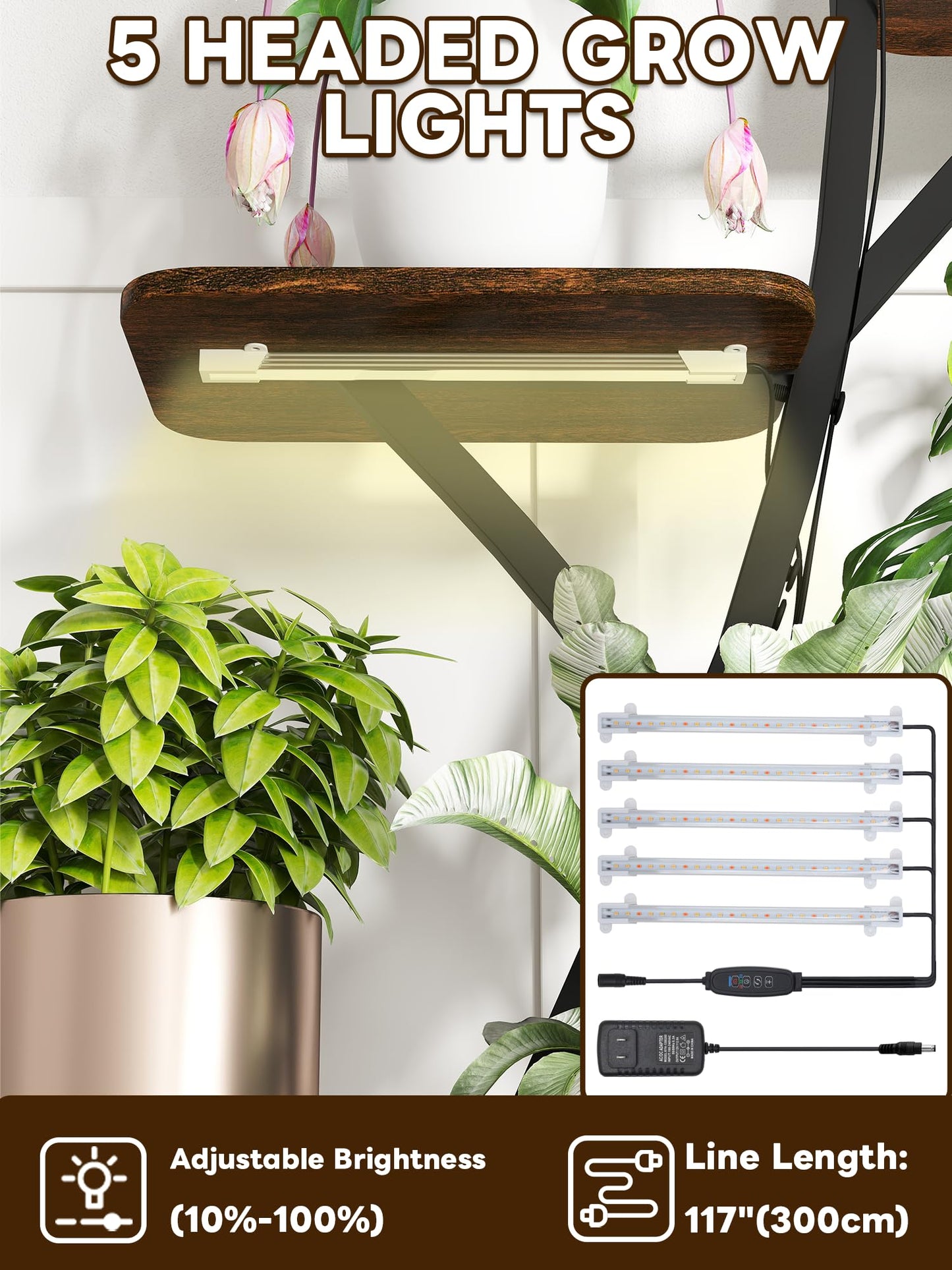 Plant Stand Indoor with Grow Lights 64" Tall Plant Shelf with Wheel Lighted Corner Plant Stands for Indoor Growing Multiple Metal 8 Tiered Large Flower Holder Plant Rack for Home Patio Balcony