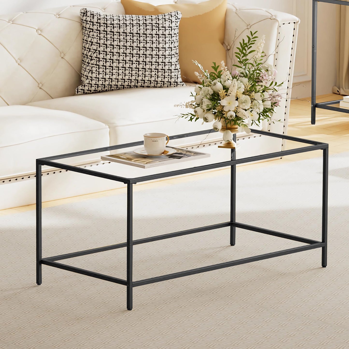 Homleke Glass Coffee Table, Modern Rectangular Black Coffee Table for Living Room, Minimalist Center Tea Table with Sturdy Metal Frame for Apartment, Office, Dining Room, Easy Assembly, Black