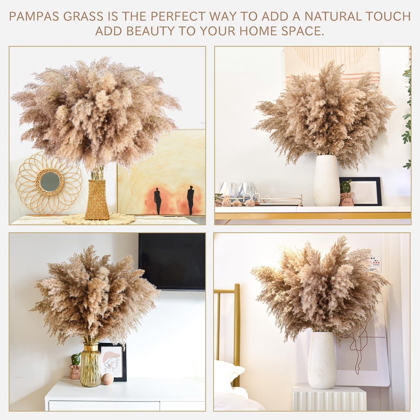 22pcs Pampas Grass Decor-Natural Dried Fluffy Brown Pompas Grass,Short Fluffy Pampas Grass Bulk for Small Boho vases,Wedding Flower,Boho Home Decor,Living Room Table Decor(17inch)
