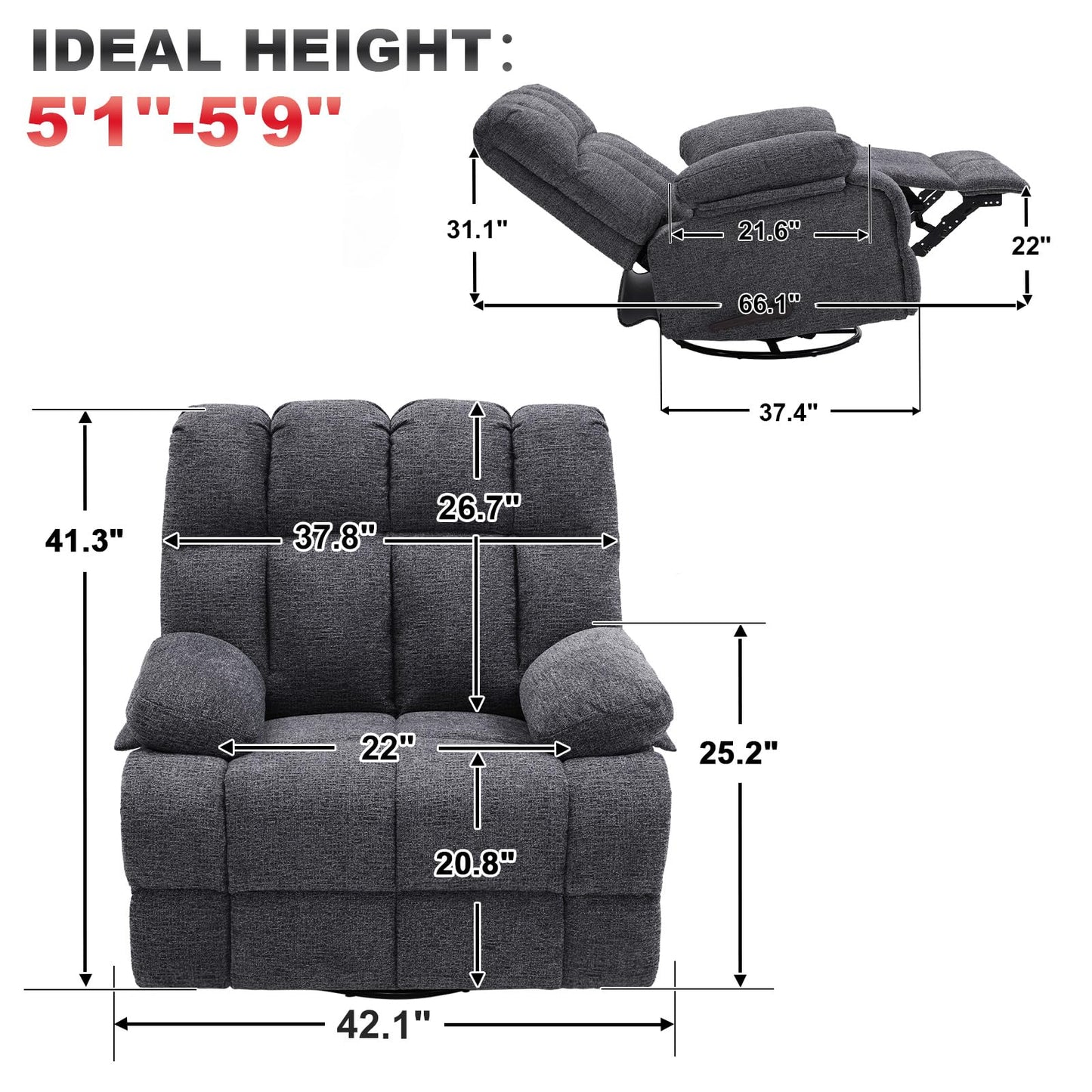 Eiayeebil Oversized Swivel Rocker Recliner Chair for Adult, Rock Recliner for 350lb Big Man, Extra Wide Manual Recliners, Overstuffed Soft Rocking Sofa Chair,Light Grey