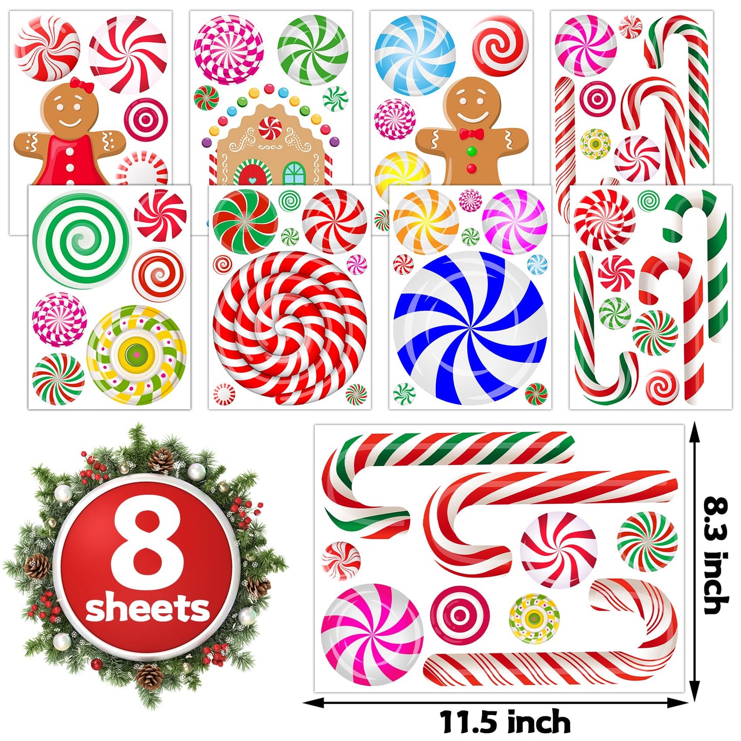 Christmas Decorations - Christmas Wall Stickers Christmas Floor Decals Peppermint Candy Cane Gingerbread Man Stickers Decor 59 PCS Xmas Candy Stickers for Candy Land Decorations 8 Sheets