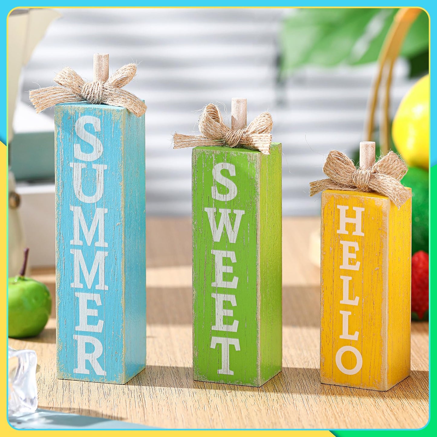 Seeloowy 3 Pcs Hello Sweet Summer Table Block Sign Hello Summer Tiered Tray Decor Rustic Farmhouse Wooden Tabletop Centerpieces for Home Kitchen Shelf Indoor Party Decorations