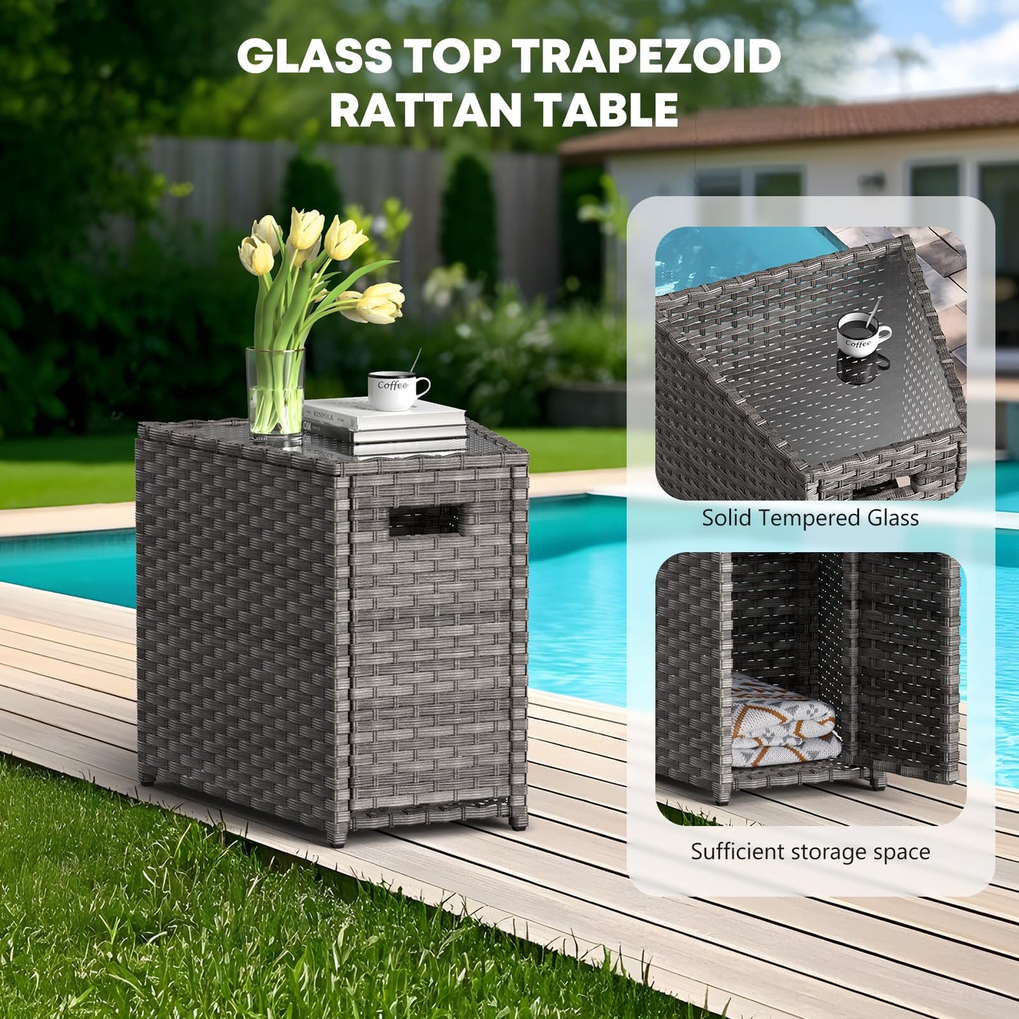 Outdoor Recliners Set of 2 - Wicker Patio Reclining Chairs with Flip-Up Side Table, 150° Lay-Flat Position, Extended Footrest & Removable Gray Olefin Cushions