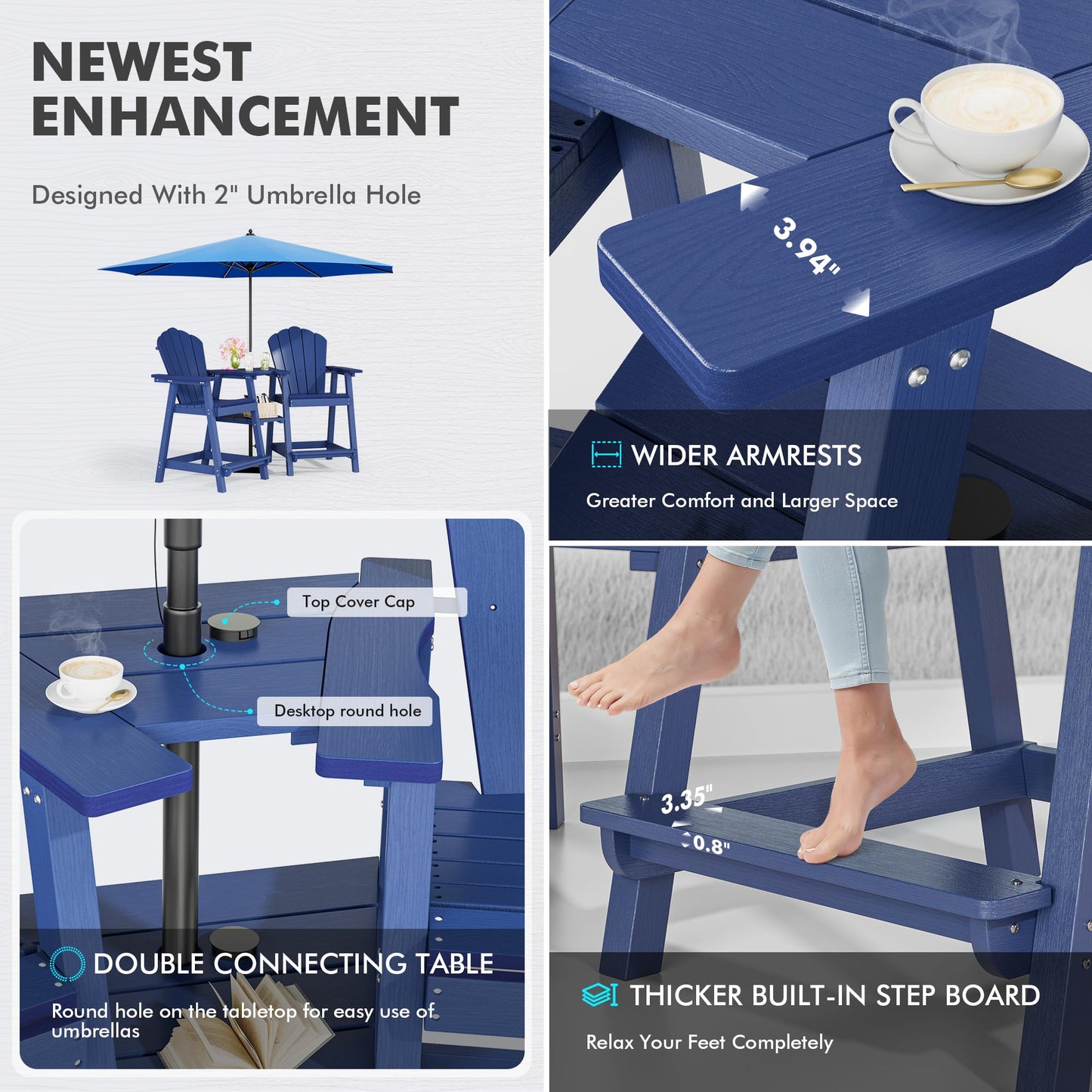 PatioPerk Tall Adirondack Chair Set of 4 with Double Connecting Tray, Recycled HDPE with Wood Grain, Weather Resistant, Outdoor Adirondack Chairs for Deck, Balcony, Patio, Backyard, Navy Blue