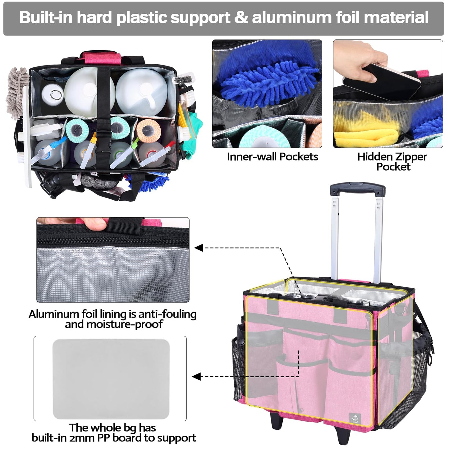 Timoxi Extra Large Rolling Cleaning Caddy Bag with Detachable, Foldable Trolley Portable Cleaning Cart for Housekeeping Cleaning Caddy with Adjustable Shoulder Strap and Multiple Storage Pockets