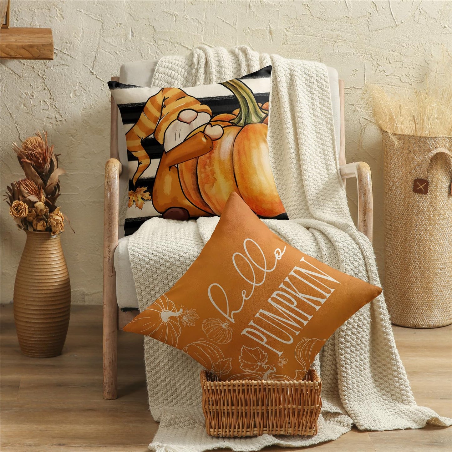 KISVODS Fall Pillow Covers 18x18 Thanksgiving Farmhouse Decorations Black Striped Maple Leaf Pumpkin Outdoor Fall Decor Throw Pillow Covers Gnomes Autumn Harvest Cushion Case for Sofa Couch Set of 4