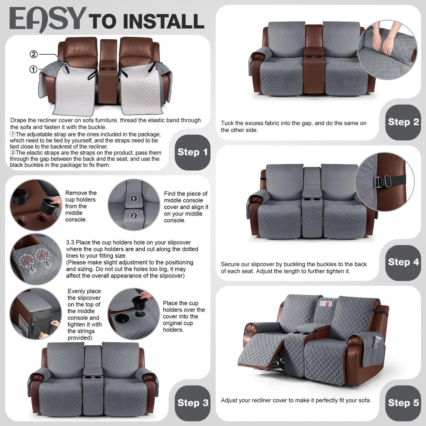 KinCam 100% Waterproof Recliner Loveseat Cover with Console, Non-Slip Reclining Couch Covers for 2 Seat, Recliner Sofa Cover Furniture Protector with Elastic Straps for Kids, Pets, Dark Gray