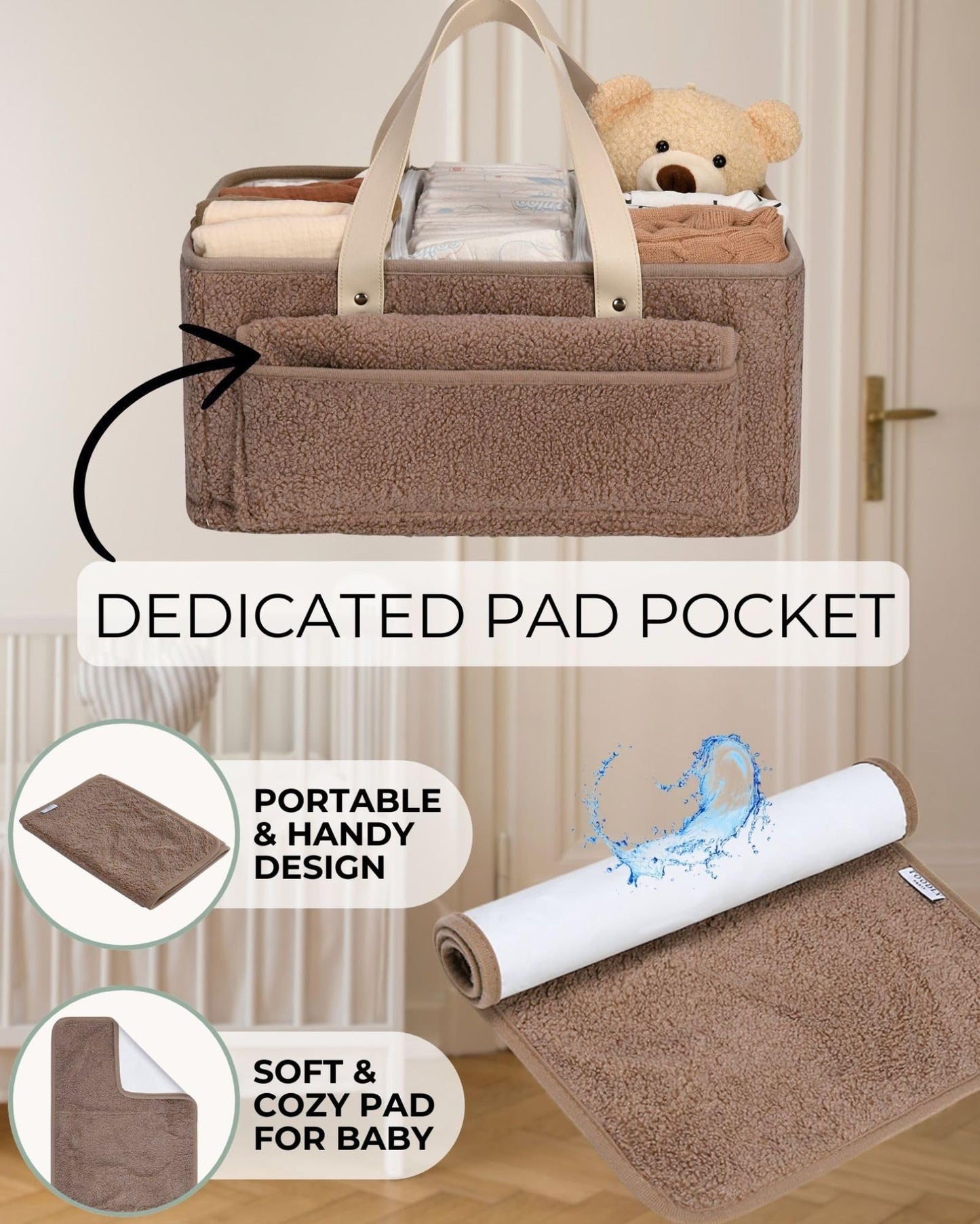 Baby Diaper Caddy Organizer with Portable Changing Mat - Teddy Fleece Nursery Storage Basket for Changing Table & Newborn Essentials – Baby Shower Gifts and Registry Must-Haves