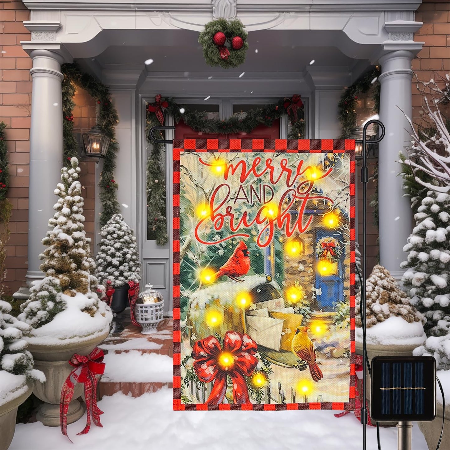 Vigor Home Merry and Bright Solar Led Lighted Garden Flag, Outdoor Lighted Decoration Xmas Greeting Mailbox Cardinal Cozy Home Yard Banner for Winter Holiday Outside Decor 12 x 18 Inch