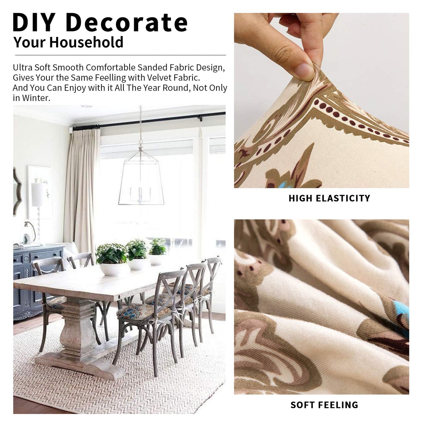 Gute Stretch Printed Chair Seat Covers with Elastic Ties and Button, Removable Washable Dining Upholstered Chair Protector Seat Cushion Slipcovers for Dining Room, Office,Gold 4 Pack